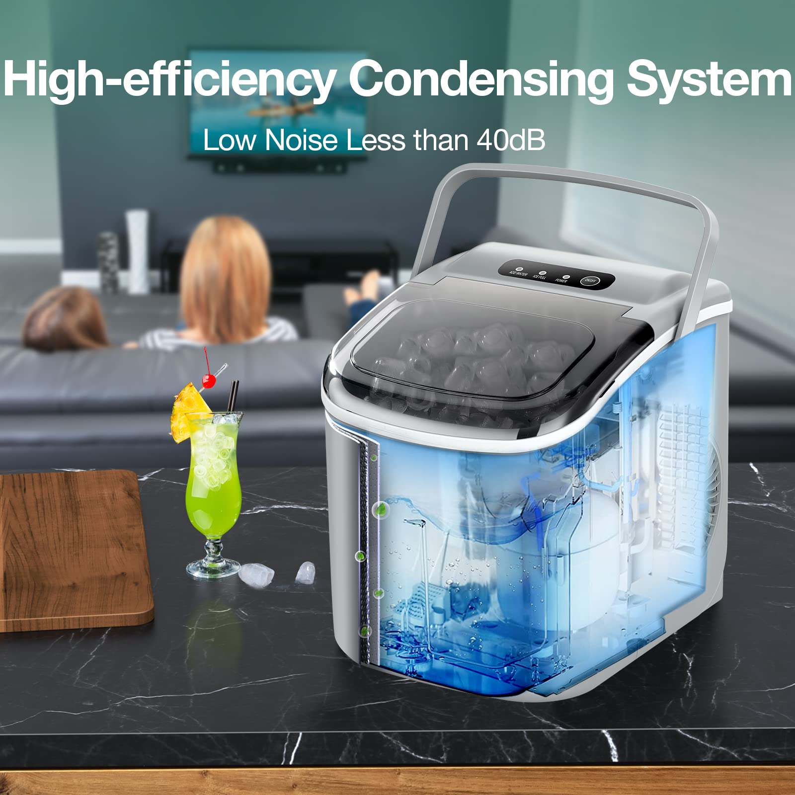 Portable Countertop Ice Maker Machine - 9 Ice Cubes in 6 Minutes, 26.5lbs/24H, Self-Cleaning with Ice Scoop & Basket - Perfect for Home Kitchen, Office, RV, Camping & Outdoor Parties