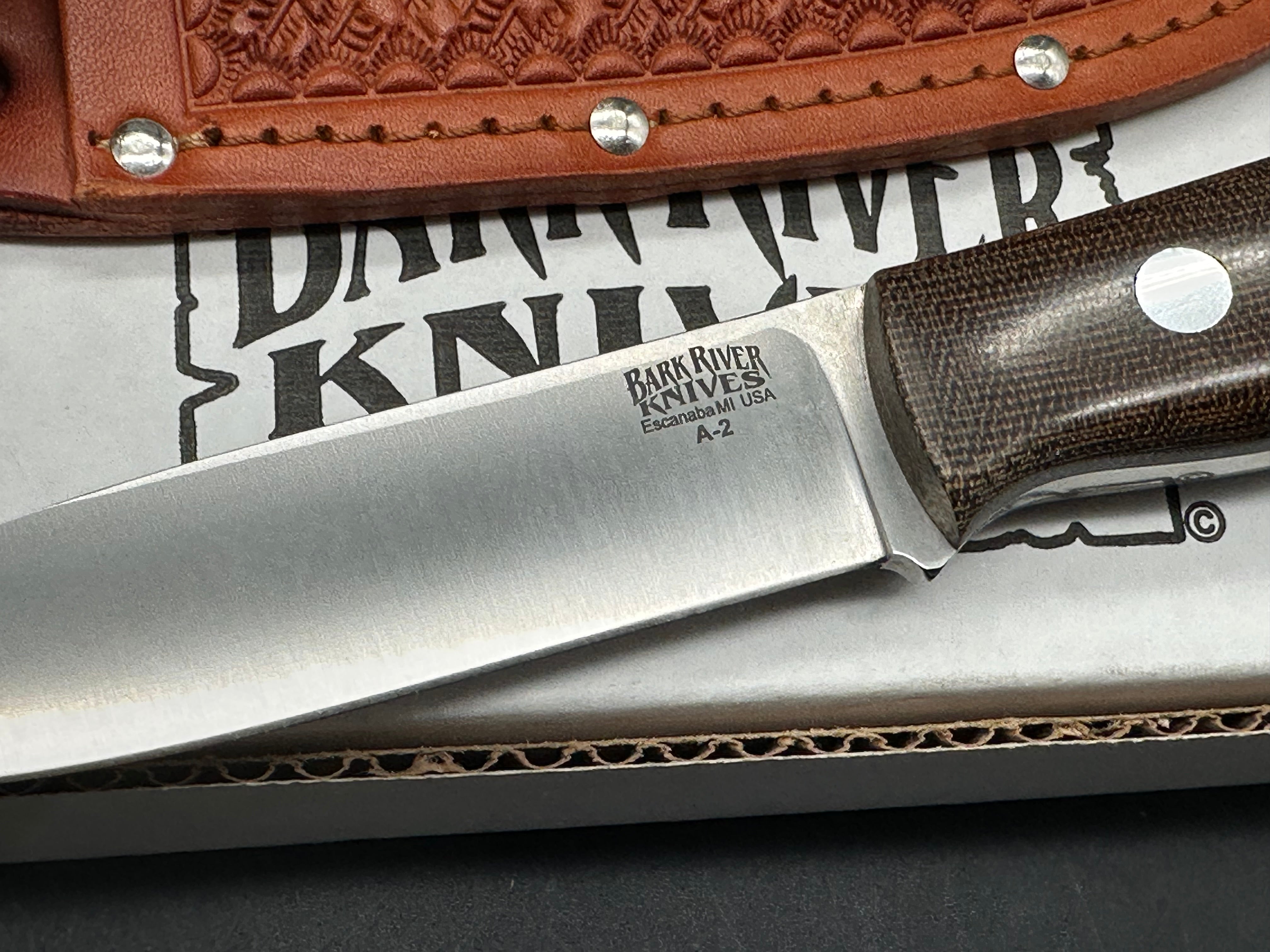 Bark River Aurora Knife with Green Canvas Micarta Scales & A2 Tool Steel Blade - Hunting, Camping, Outdoor Survival Gear with Brown Leather Sheath
