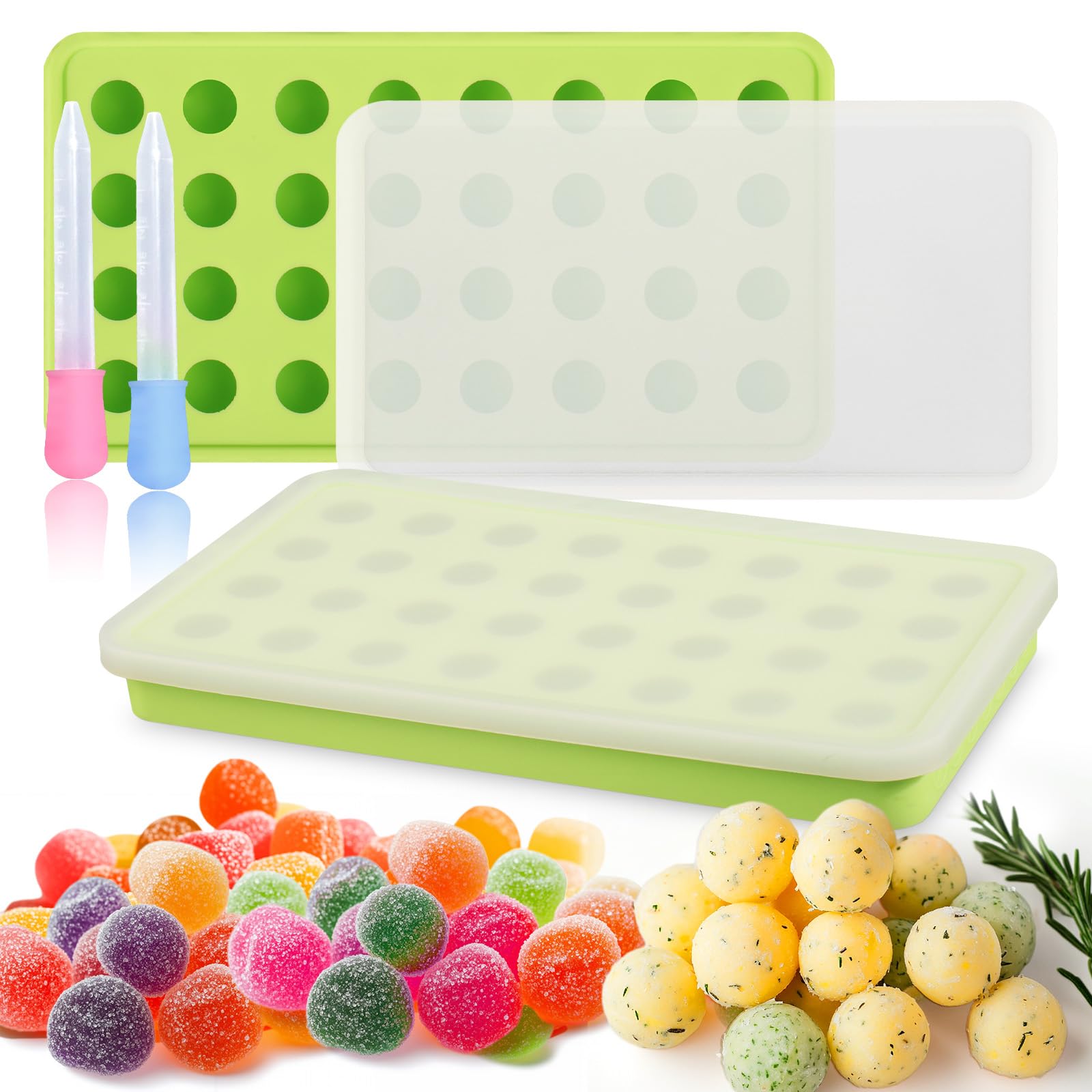 2Pcs 32 Cavity Silicone Gummy Molds for Herb-Infused Oil Cubes, Chocolate, Jello & Caramels - Non-Stick Candy Trays with Dry-Erase Lid & Droppers - Perfect for DIY Edibles, Ice Cubes & Homemade Herbal Blocks