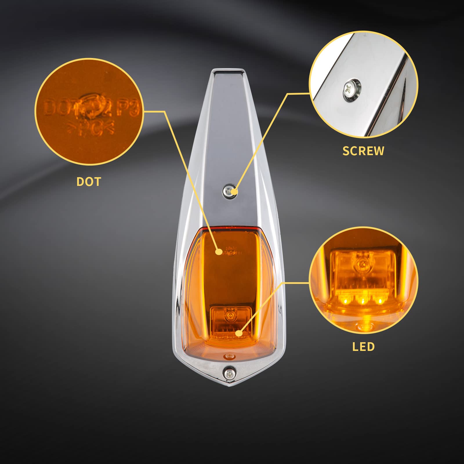 5PCS Amber LED Cab Roof Marker Lights - Waterproof 12V Truck Running Lamps for Kenworth T680 T880 - Durable Chrome Housing for Heavy-Duty Trucks & Commercial Vehicles (Ideal for Night Driving & Enhanced Visibility)