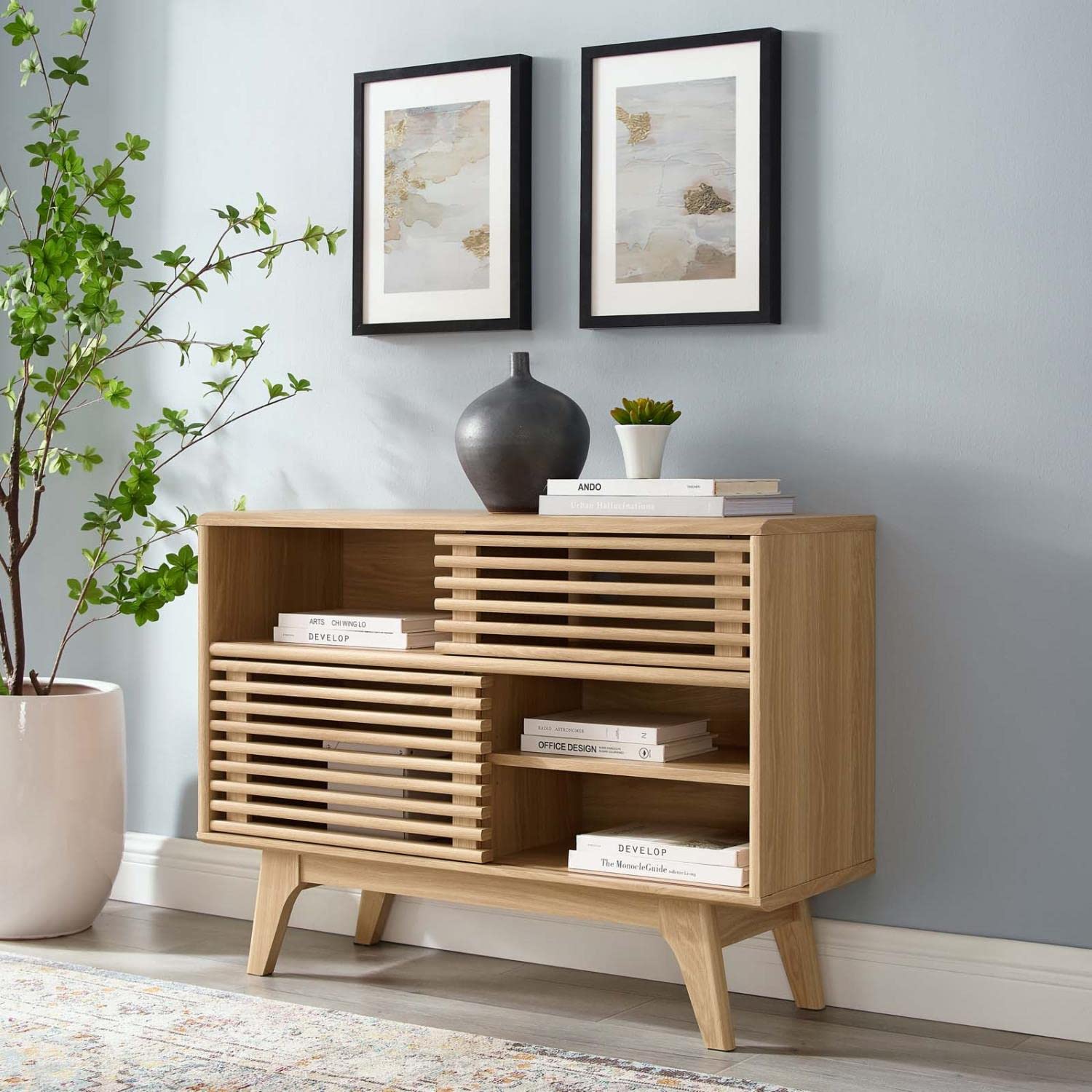 Modway Render Mid-Century Modern Two-Tier Oak Display Stand - Perfect for Living Room Shelving, Bedroom Decor & Office Organization