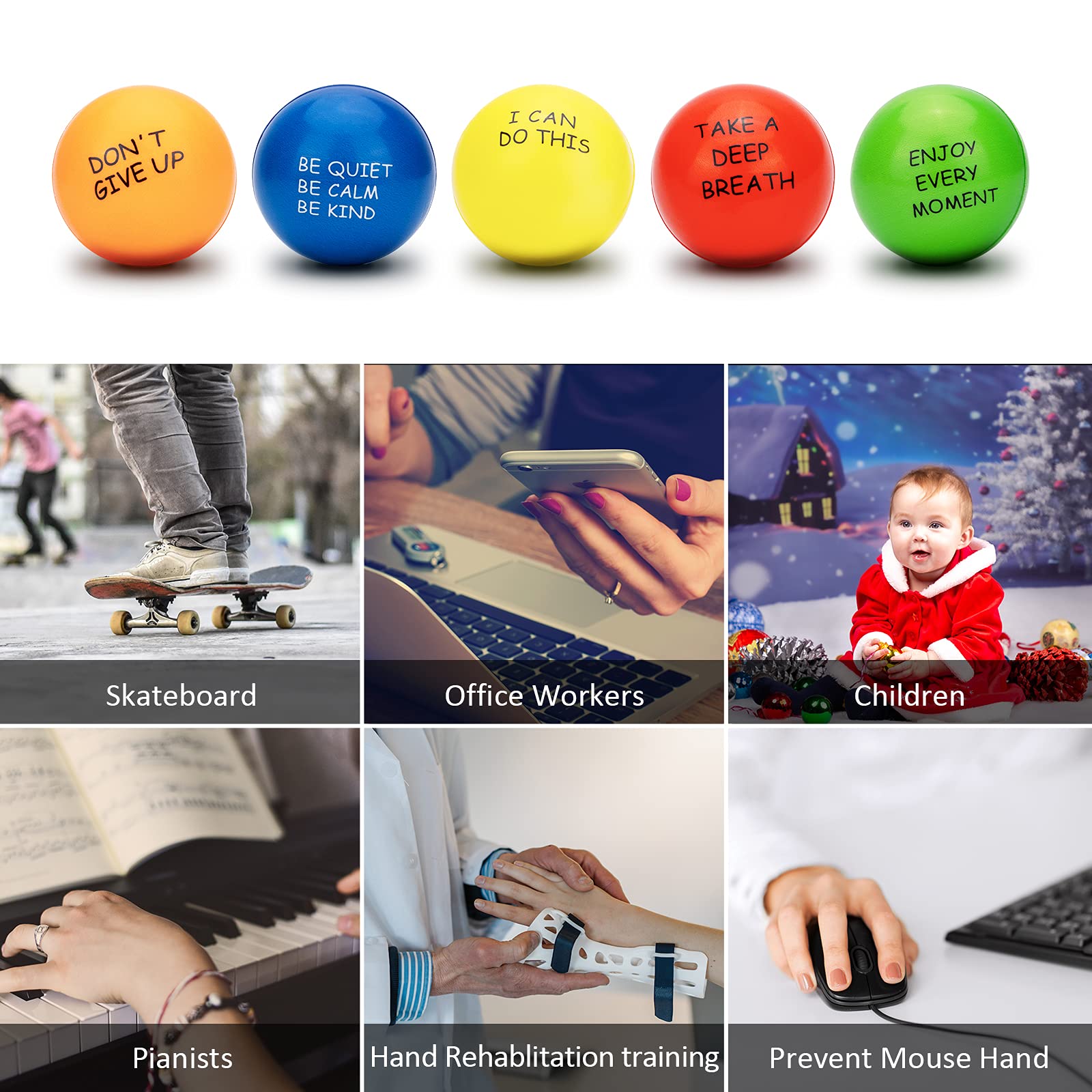 10-Pack Motivational Stress Relief Balls for Adults & Kids - Giant Squishy Hand Exercise Balls, Anxiety Fidget Toys for Anger Management - Perfect for Office, School, and Home Stress Relief