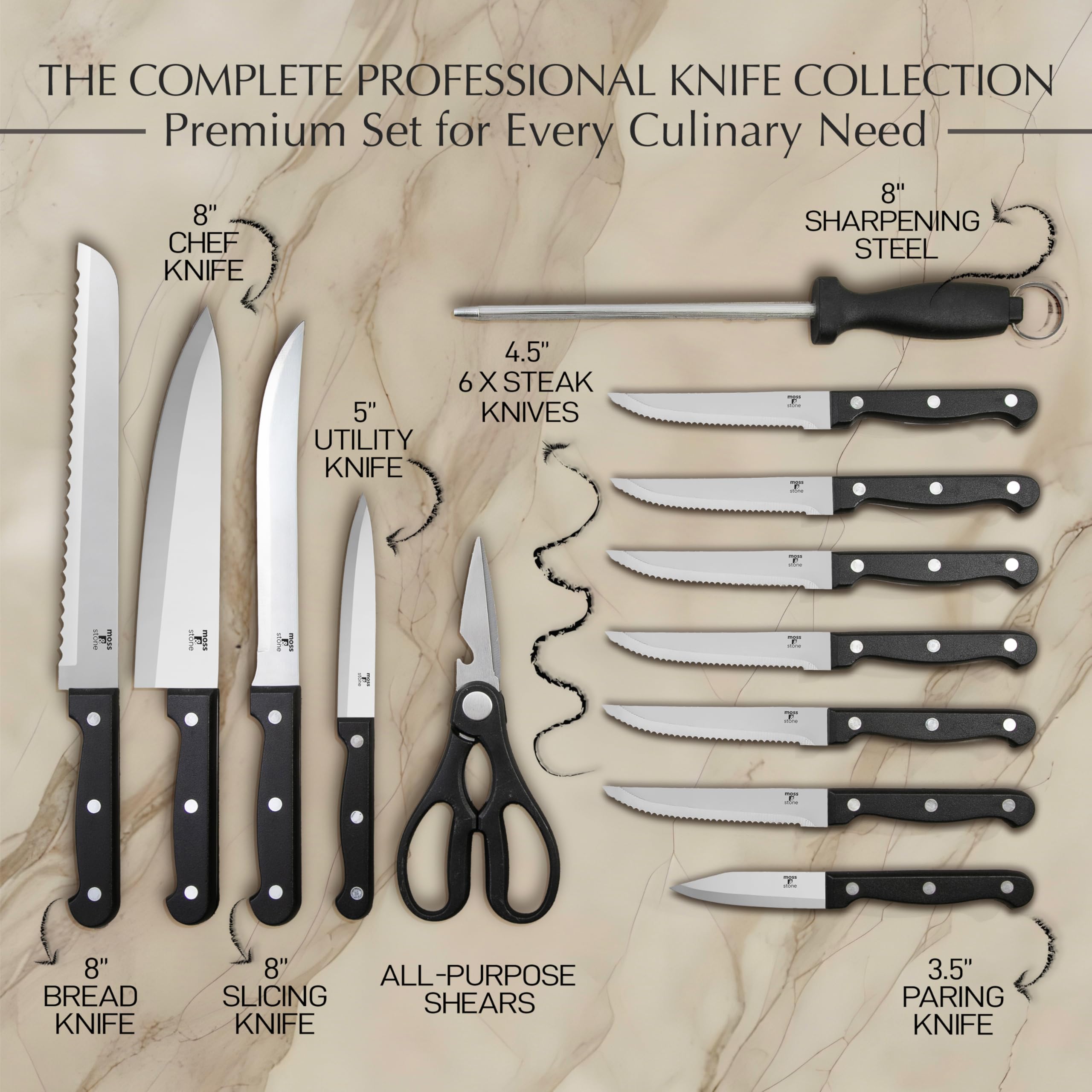 Premium 14-Piece Stainless Steel Knife Block Set - High-Carbon Steel Kitchen Knives with Wooden Holder - Sharp Cutlery Set for Professional Chefs & Home Cooking - Perfect for Meat Cutting, Vegetable Chopping & Food Prep