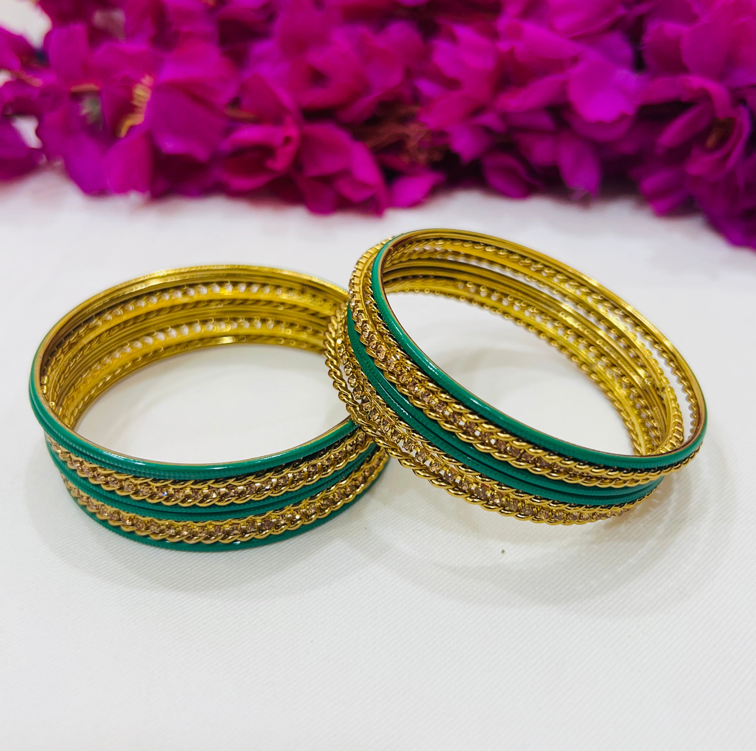 Elegant Light Green Metal Bangles with Sparkling Stones for Women - Perfect for Parties, Weddings & Everyday Fashion Accessories
