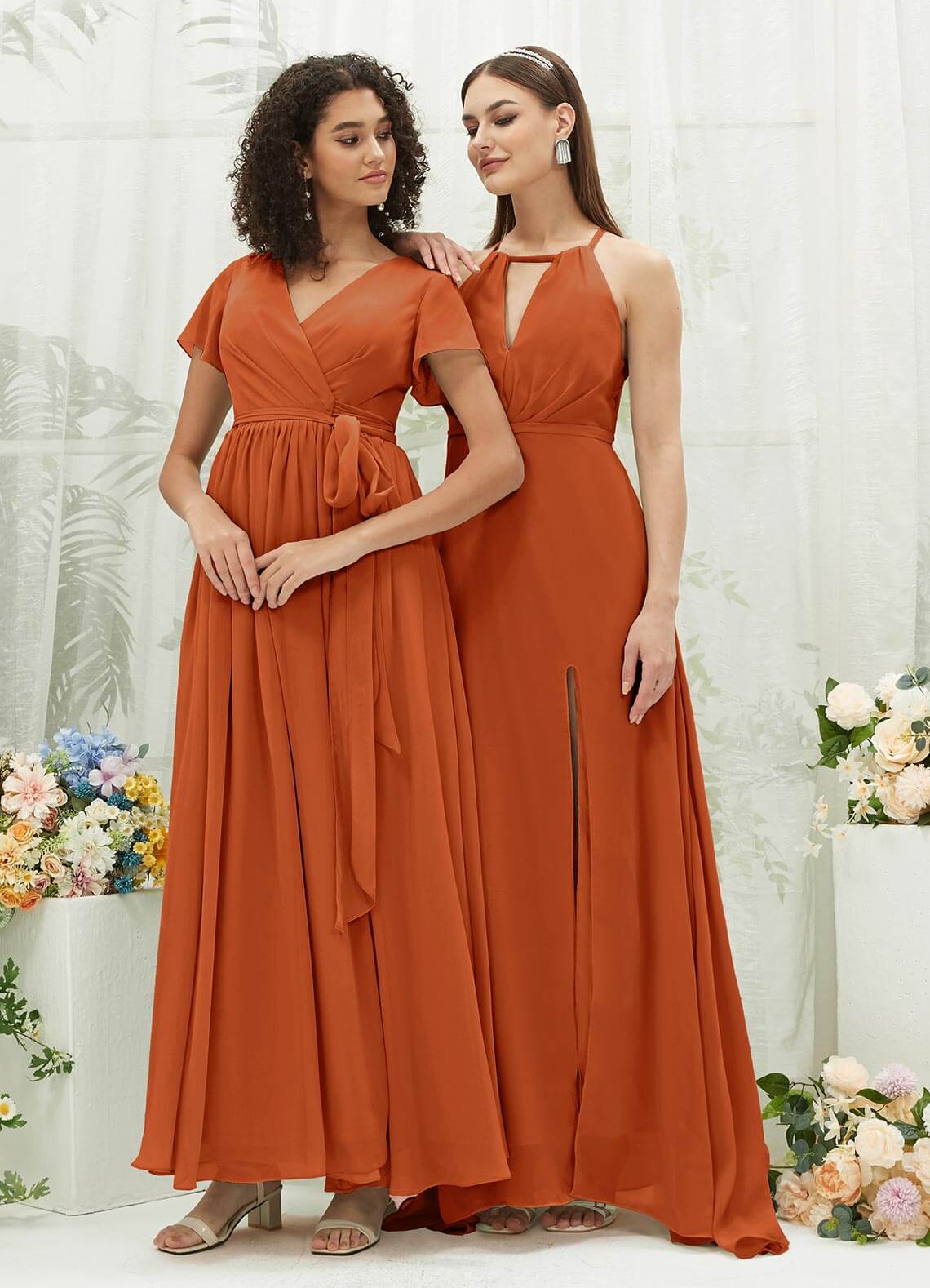 Elegant Burnt Orange Chiffon Halter Maxi Dress with V-Neck & Backless Design - Perfect for Bridesmaids, Beach Weddings & Summer Parties
