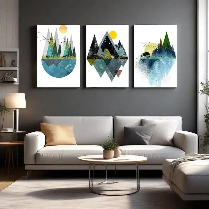 3-Piece Abstract Geometric Mountain Landscape Metal Wall Art - Ready to Hang Modern Home Decor for Living Room, Bedroom & Office