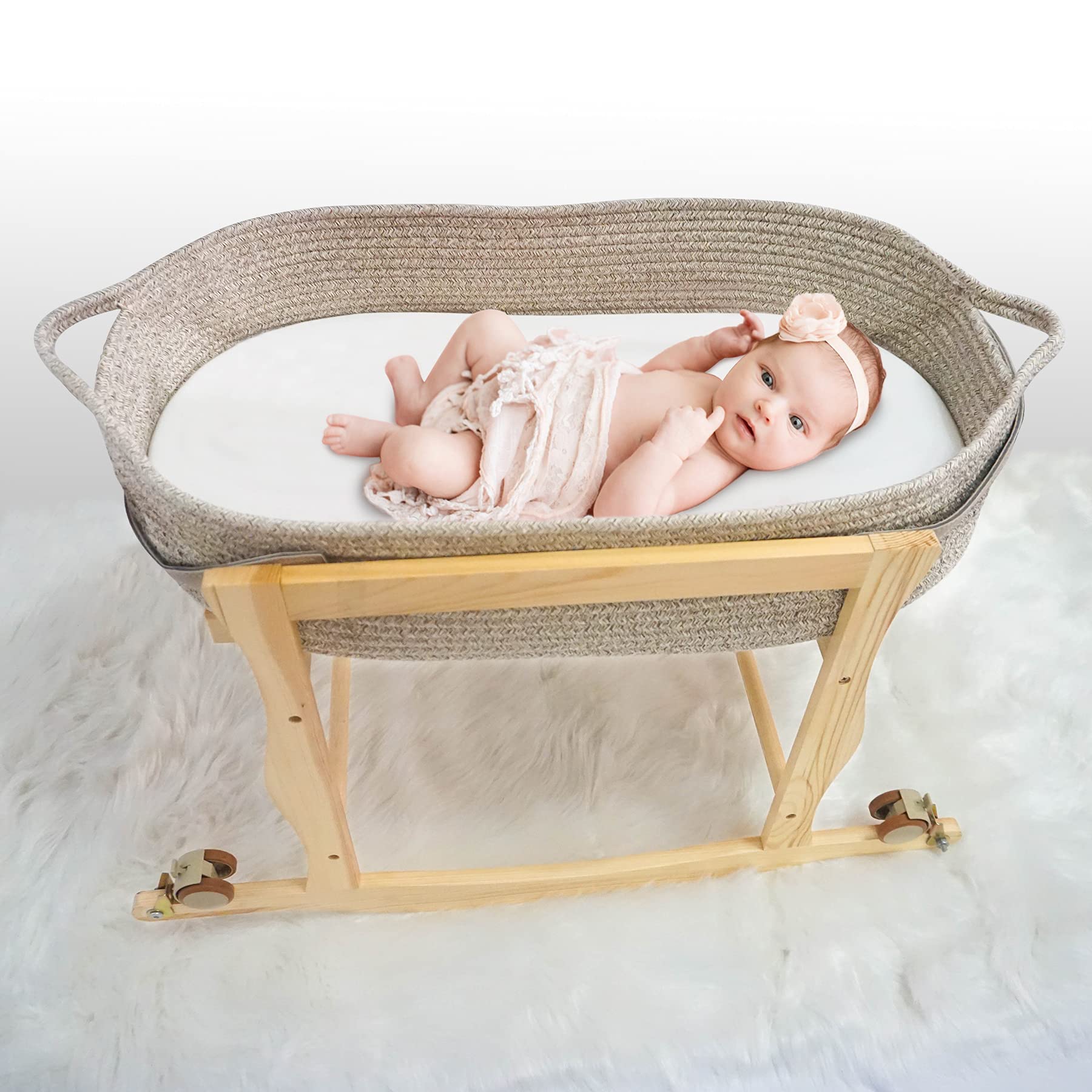ECOADE Natural Wood Moses Basket Stand & Rocker - Portable Baby Crib for Nursery, Bedroom, or Travel - Safe & Sturdy Infant Sleeping Solution