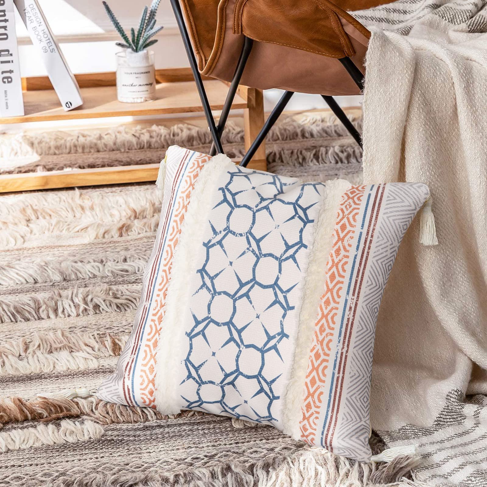 Boho Throw Pillow Covers 18x18 Inch - Woven Tufted Decorative Square Pillow Cases with Tassels for Couch, Sofa, Bedroom & Living Room | Blue Home Decor | Perfect for Bohemian Style & Cozy Home Accents