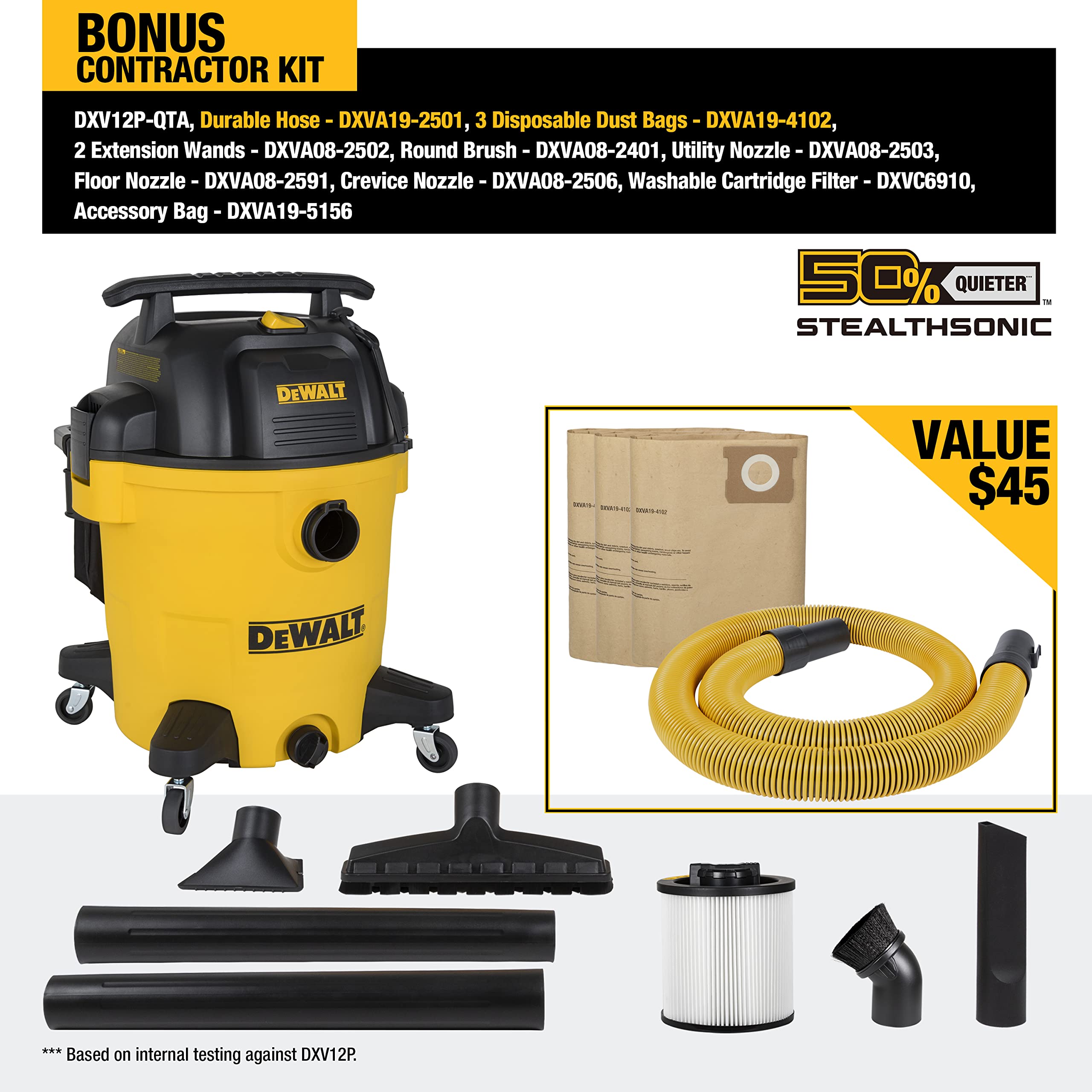 DEWALT 12 Gallon STEALTHSONIC Wet/Dry Vacuum - Ultra Quiet Shop Vac with Noise Reduction Technology, Heavy Duty Industrial Vacuum Cleaner for Construction Sites, Workshops & Home Garage Cleaning - DXV12P-QTA Model in Yellow
