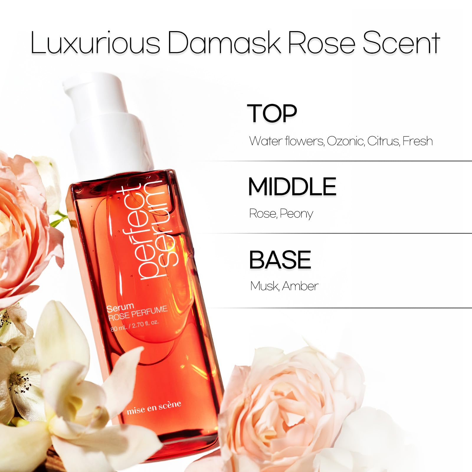 Mise En Scene Perfect Rose Perfume Serum - Korean Hair Essence with Natural Rose Fragrance & Argan Oil for Damaged Hair Repair, 2.7 fl oz | Hydrating Leave-in Treatment for Dry, Frizzy Hair | Daily Hair Care & Styling Essential