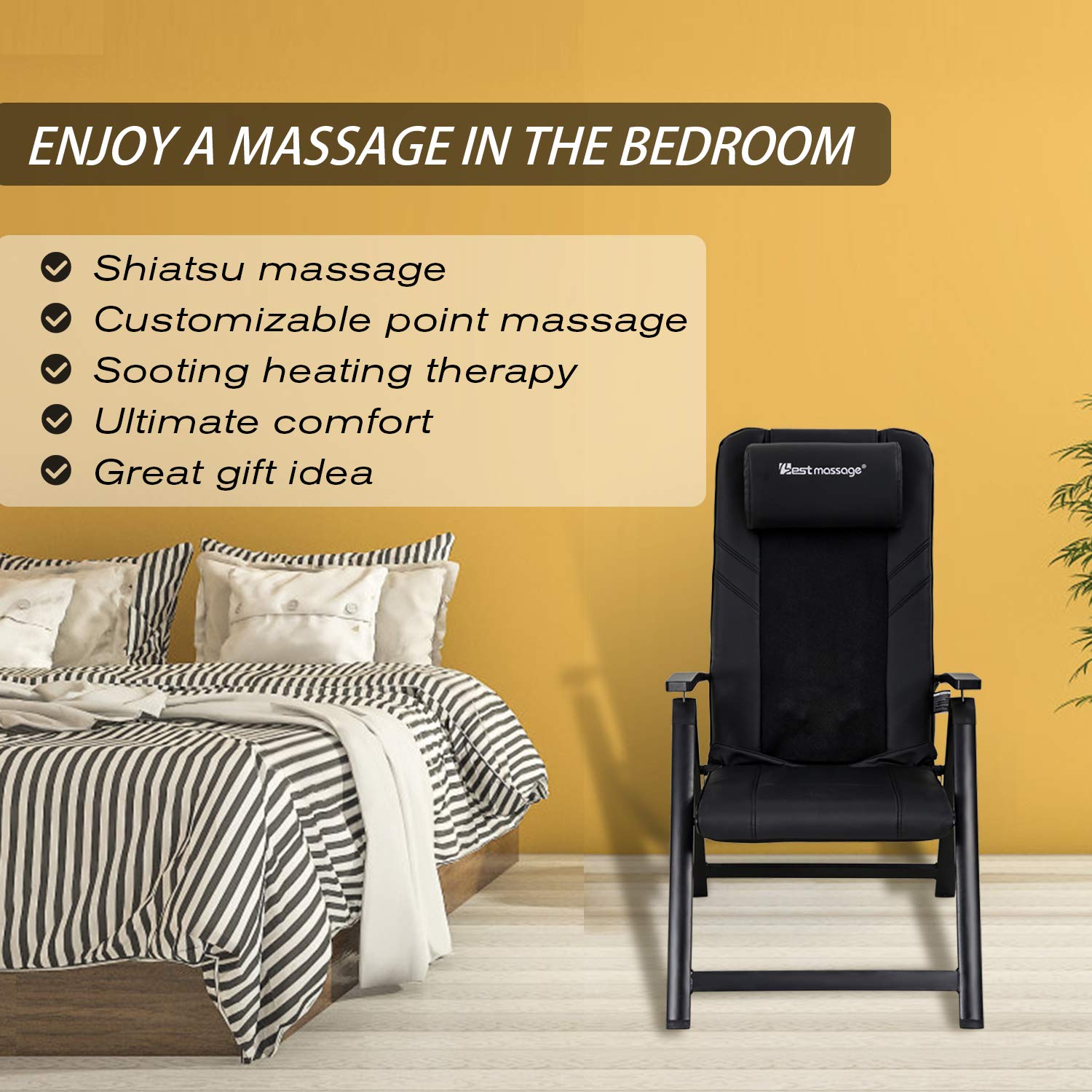 HCB Electric Massage Chair with Shiatsu & Heat Therapy - Portable Folding Recliner for Neck & Back Pain Relief - Adjustable Height Home Office Massage Chair, Black (32.5