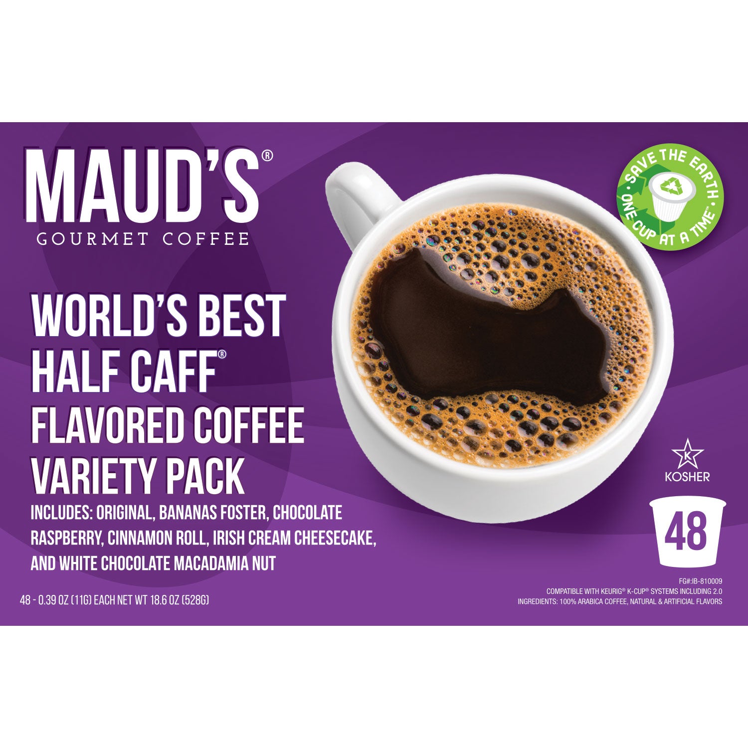 Maud's World's Best Half Caff Flavored Coffee Pods Variety Pack (6 Blends) - Perfect for Home & Office Use, Compatible with Keurig 2.0 K-Cup Brewers