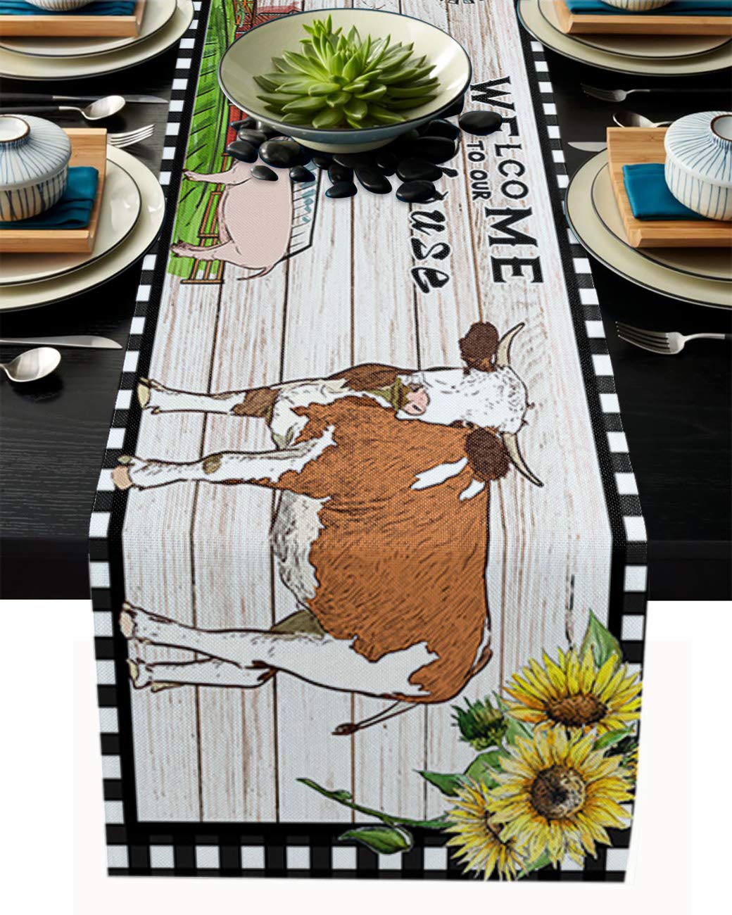 Farmhouse Style Cotton-Burlap Linen Table Runner - 90 Inches Long Waterproof Dining Table Decor with Black & White Grid and Farm Animal Prints (Cow, Pig, Rooster) - Perfect for Farmhouse Weddings, Banquets, Parties, and Everyday Rustic Home Decor - 13