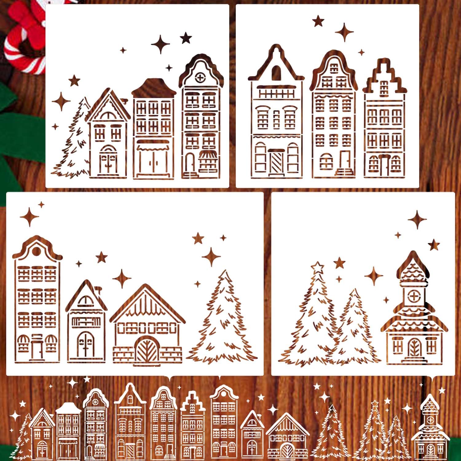 Large Reusable Christmas Stencils for Windows - Xmas Village & Tree House Holiday Drawing Templates for Painting on Wall, Canvas, Paper & Doormat | DIY Home Decor, Holiday Crafts & Festive Gift Wrapping