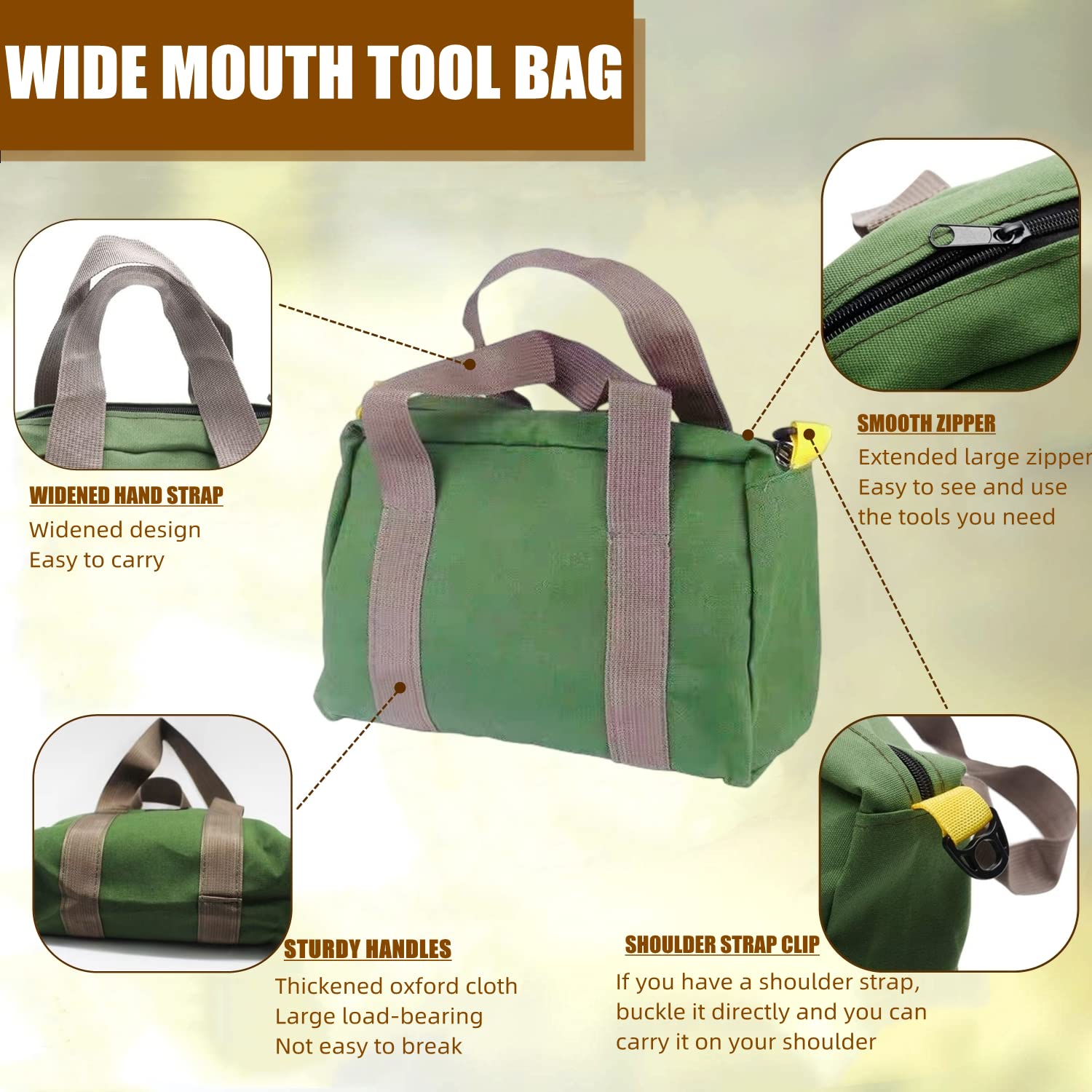 BLIRITEL 14 Inch Heavy Duty Canvas Tool Bag - Wide Mouth Large Capacity Organizer Tote for Wrenches, Pliers & DIY Tools | Durable Storage Solution for Electricians, Carpenters & Home Improvement (Green)