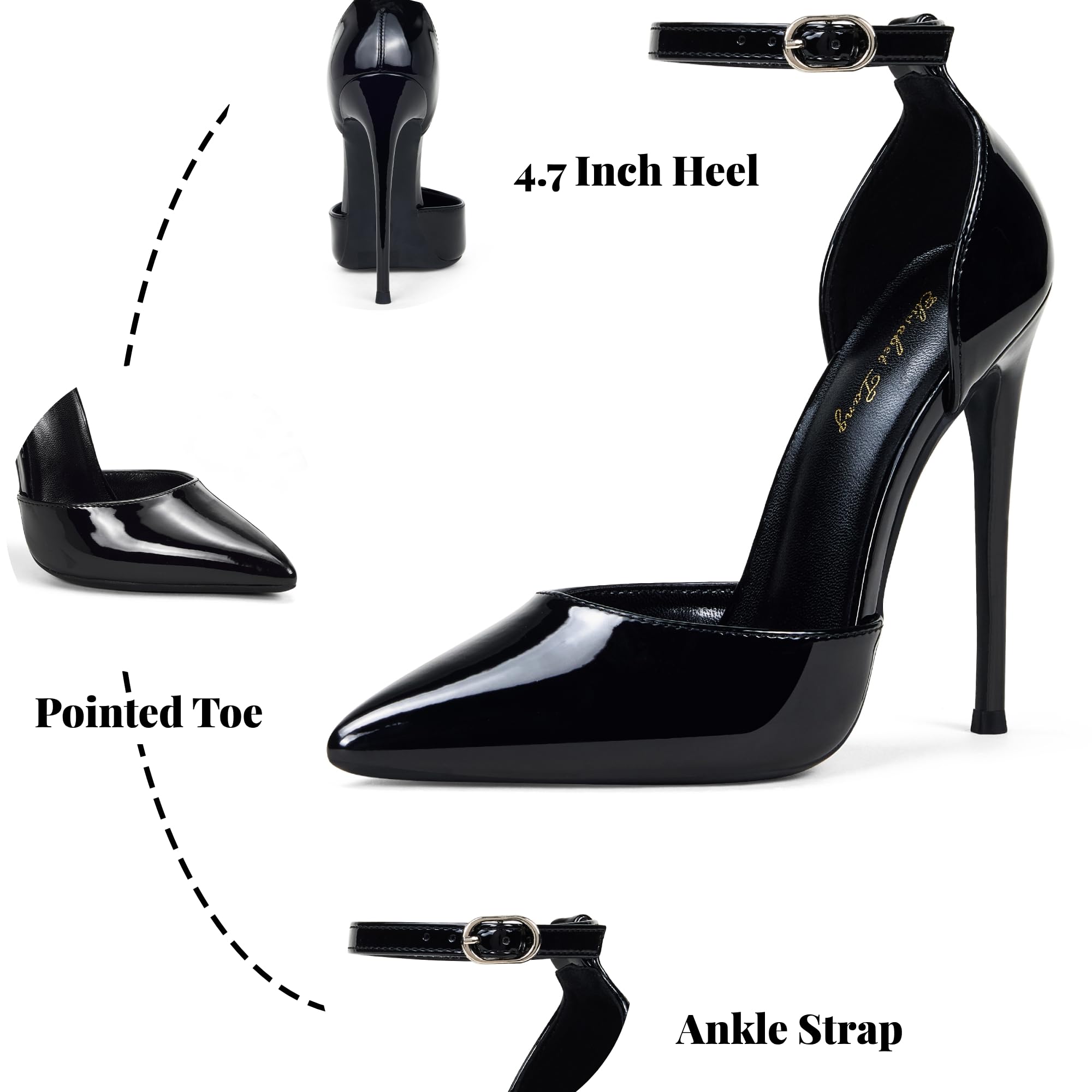 Elegant Elisabet Tang Women's High Heel Pumps - D'Orsay Ankle Strap Pointed Toe Stiletto Heels with Rhinestone Details for Party, Wedding & Evening Events | Perfect for Prom, Cocktail Dresses & Special Occasions