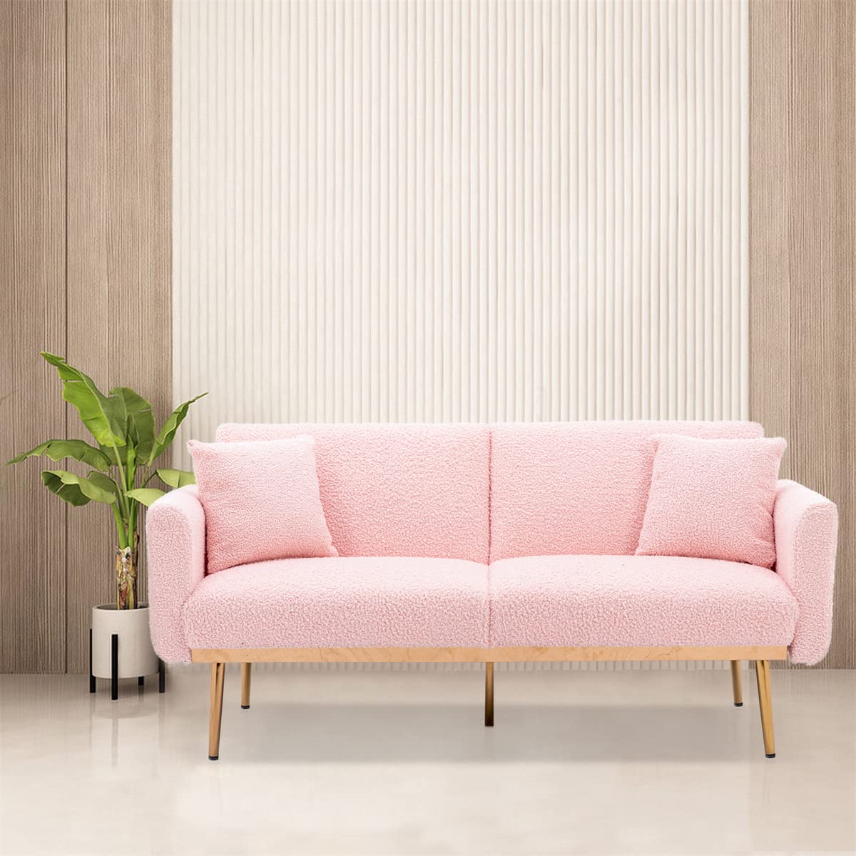 Modern Loveseat Sofa with Wide Backrest & Tapered Metal Legs - Convertible Sleeper Sofa with Wood Frame & Teddy Fabric Upholstery - Pink Comfort for Living Room, Bedroom, Apartment & Small Spaces - Perfect for Relaxing, Napping & Hosting Guests