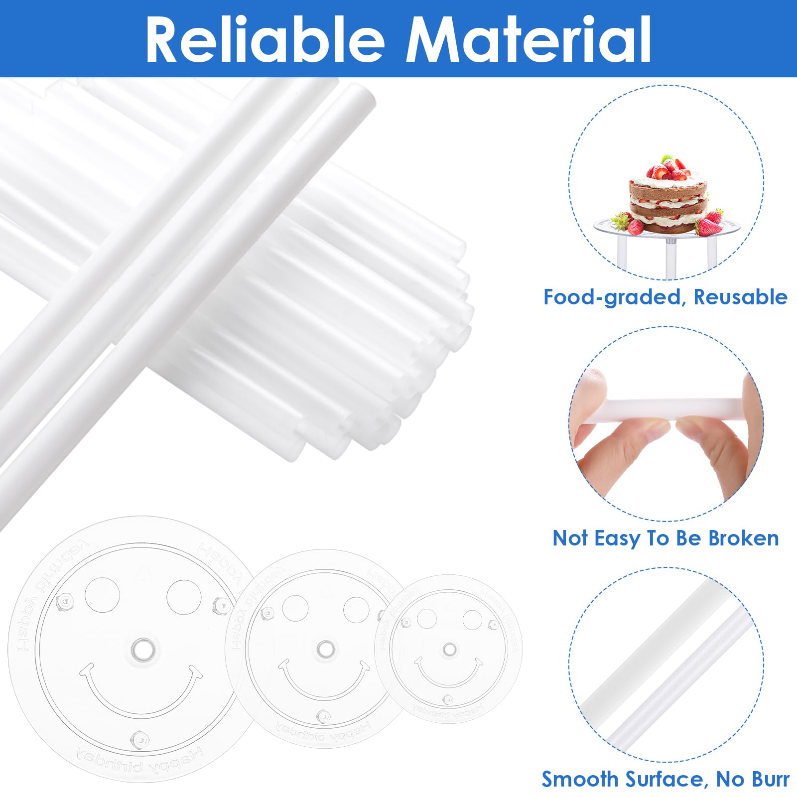 Grevosea 18PCS White Plastic Cake Dowels for Tiered Cakes - Cake Support Rods with 3PCS Cake Boards | Sturdy Cake Stand Sticks for Wedding, Birthday & Special Occasion Cake Stacking