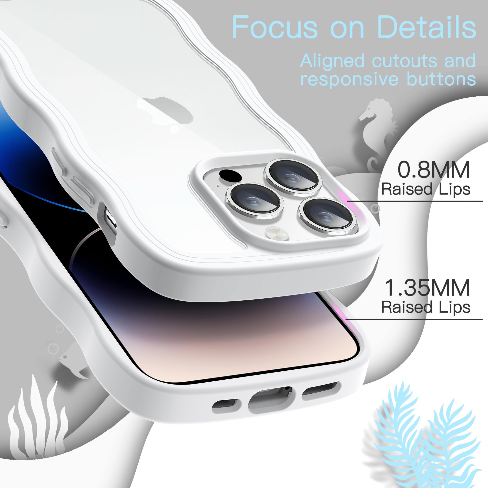 JETech Cute Wave Frame iPhone 14 Pro Case 6.1 Inch - Shockproof Clear Hard PC Phone Cover for Women Girls - Perfect for Everyday Use, Work & School (White)