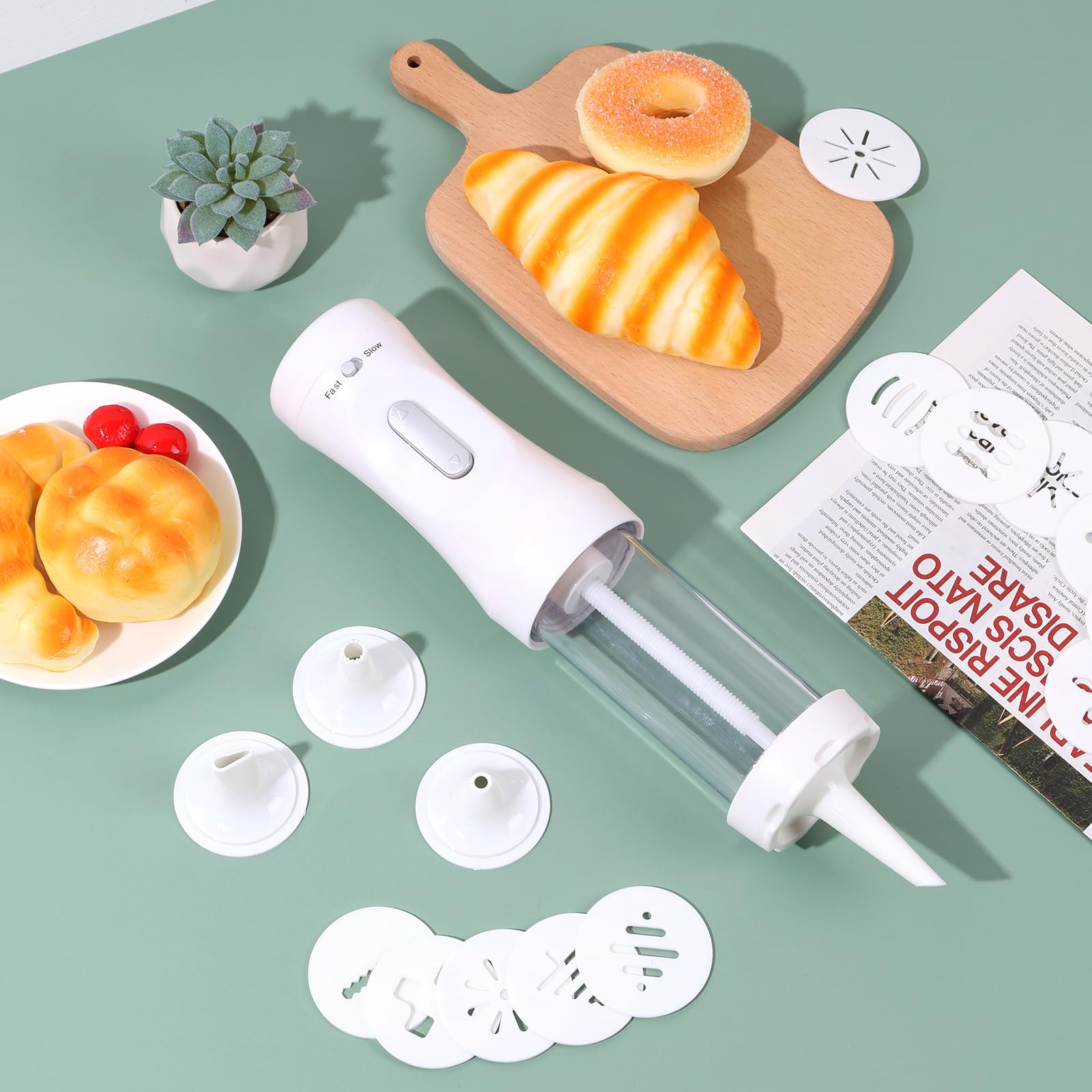 Electric Cookie Press Kit - 12 Cookie Discs & 4 Icing Nozzles for Baking, Decorating Homemade Cookies | Detachable White Transparent Design | Perfect for Holiday Baking, Birthday Parties & DIY Cookie Decorating