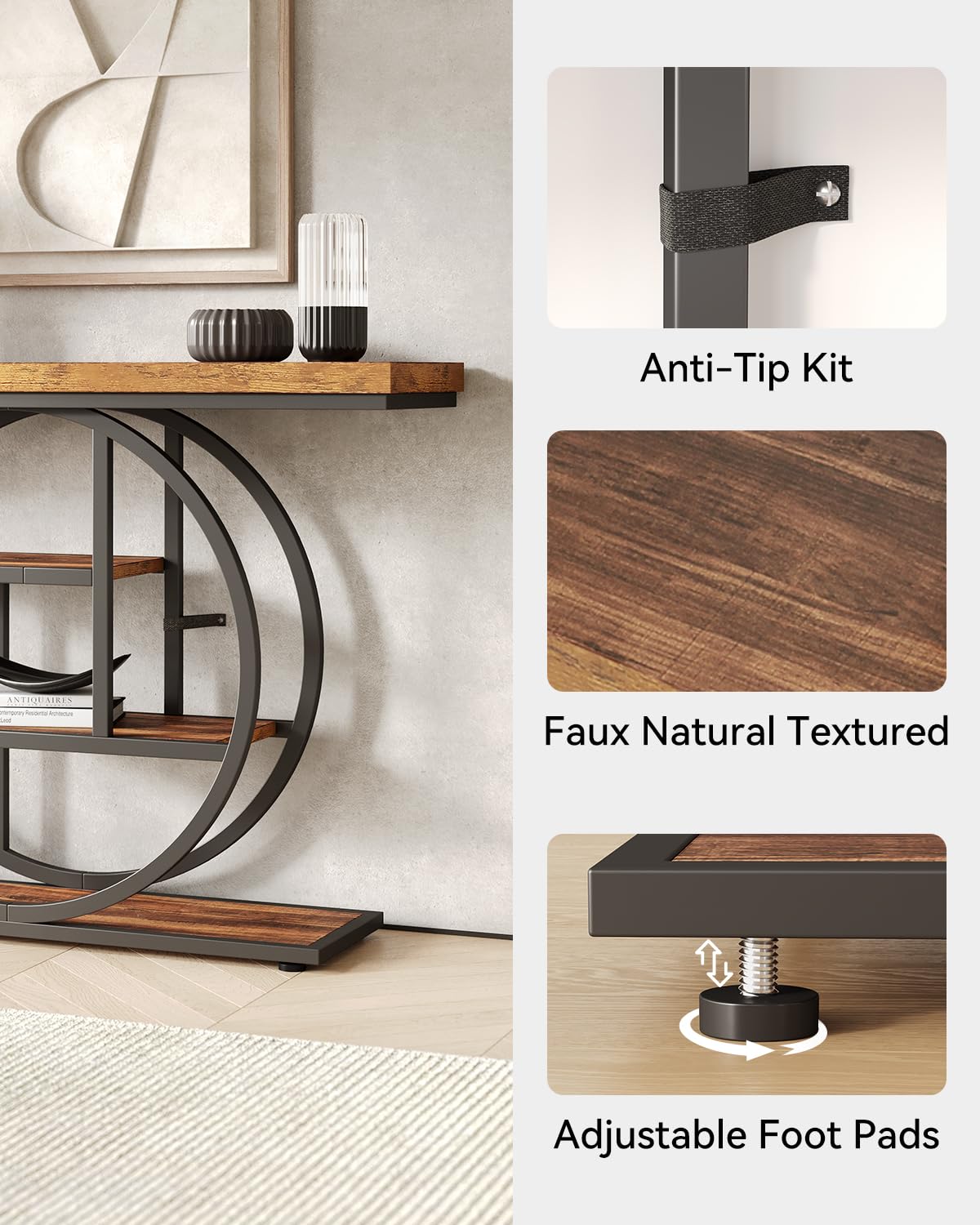 LITTLE TREE 4-Tier Console Table - 41.3 Inch Industrial Entryway Sofa Table for Living Room, Rustic Brown & Black Hallway Furniture - Perfect for Small Space Organization & Home Decor