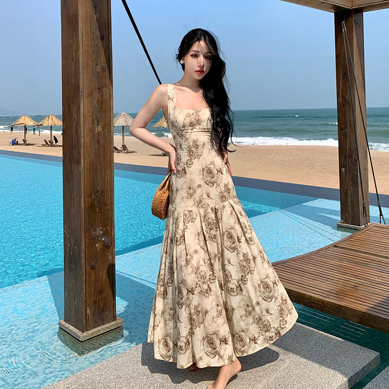 French Style Sleeveless Vest Dress for Women - Floral Rose Print Summer Dress Size 66 | Perfect for Beach Vacations, Garden Parties & Casual Outings