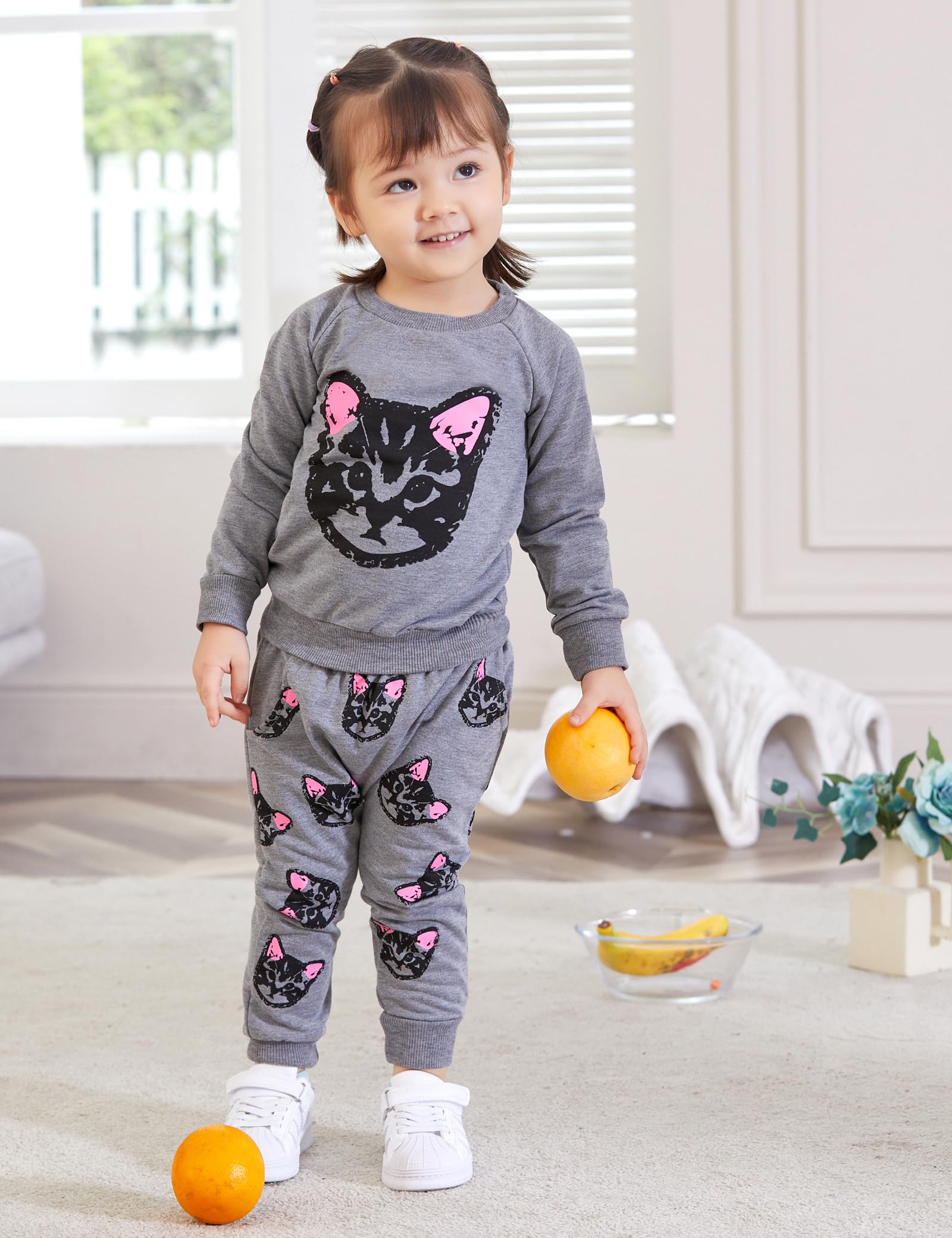 Puseky Cute Cat Sweatshirt & Pants Tracksuit Set for Toddler Girls - Soft Cotton Kids Outfit for Playdates, School & Casual Wear