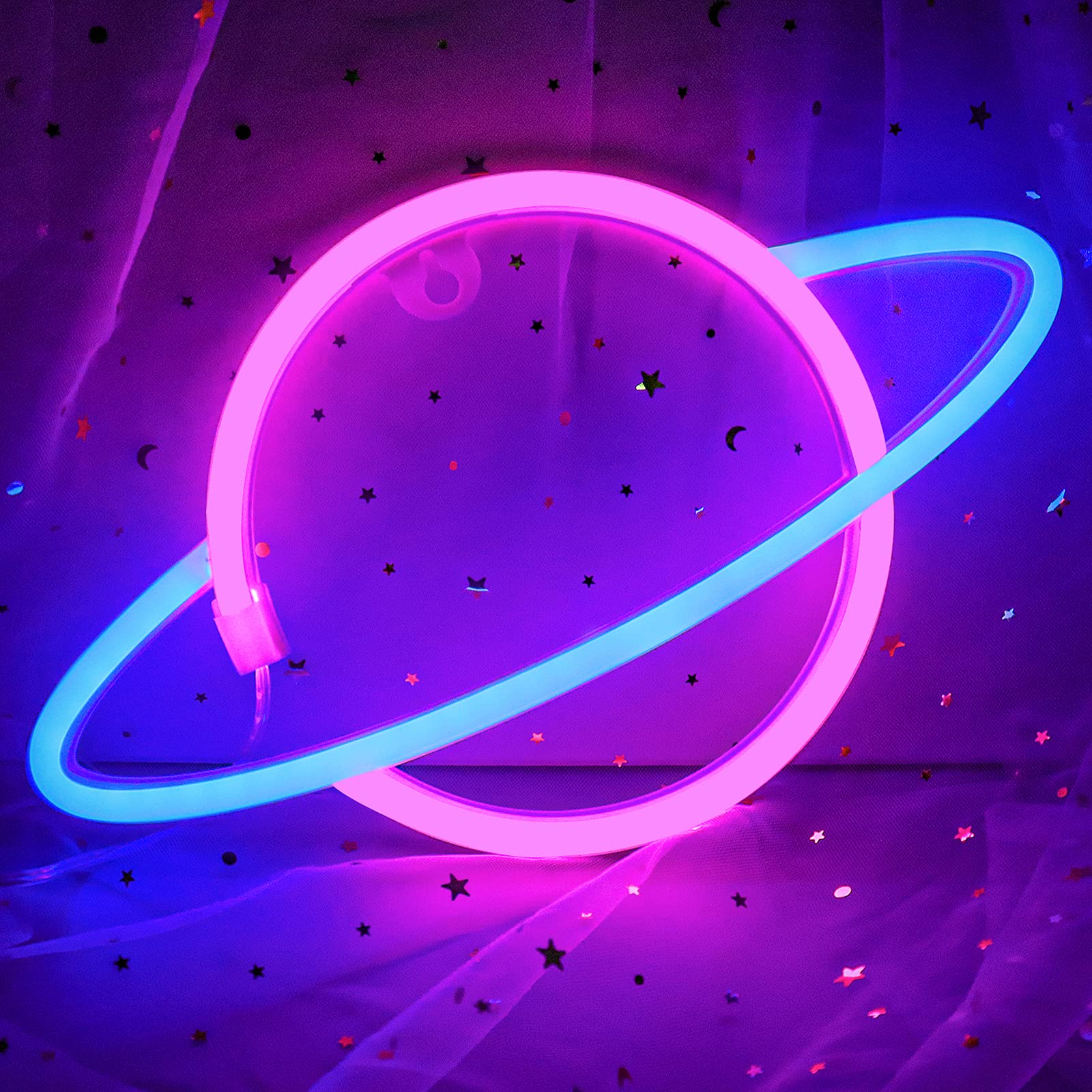 Cisteen Planet Neon Signs - Battery/USB Powered LED Neon Light Wall Decor for Home, Bedroom, Game Room, Bar & Party | Perfect Gift for Kids & Teens (Blue & Pink) - Create Vibrant Atmosphere for Birthday Parties, Gaming Setups & Room Decor