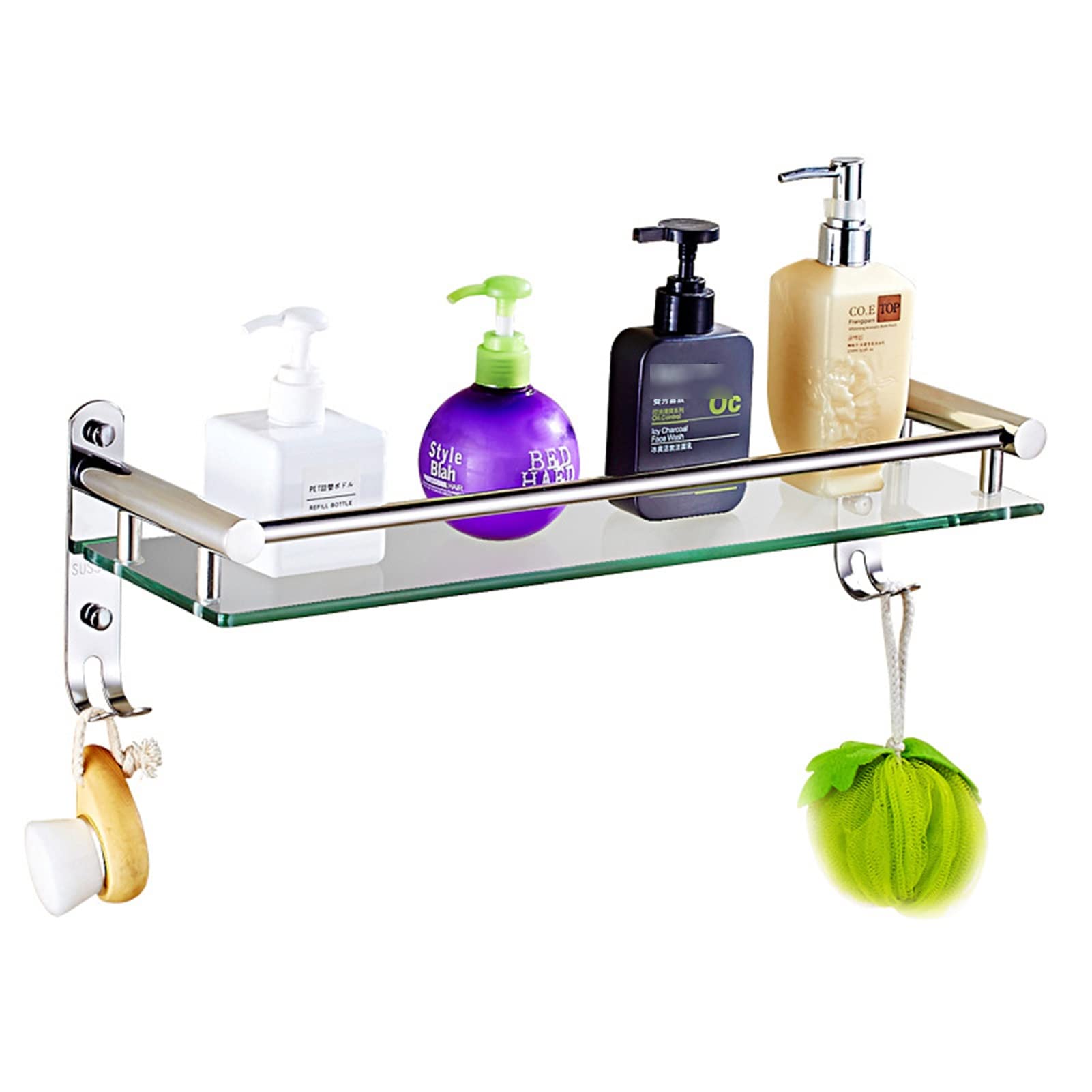 8MM Thick Tempered Glass Bathroom Shelf with Chrome Hooks - Wall Mounted Shampoo & Soap Organizer for Bathroom, Shower, and Vanity Storage | Perfect for Liquid Soap, Conditioner & Bath Essentials