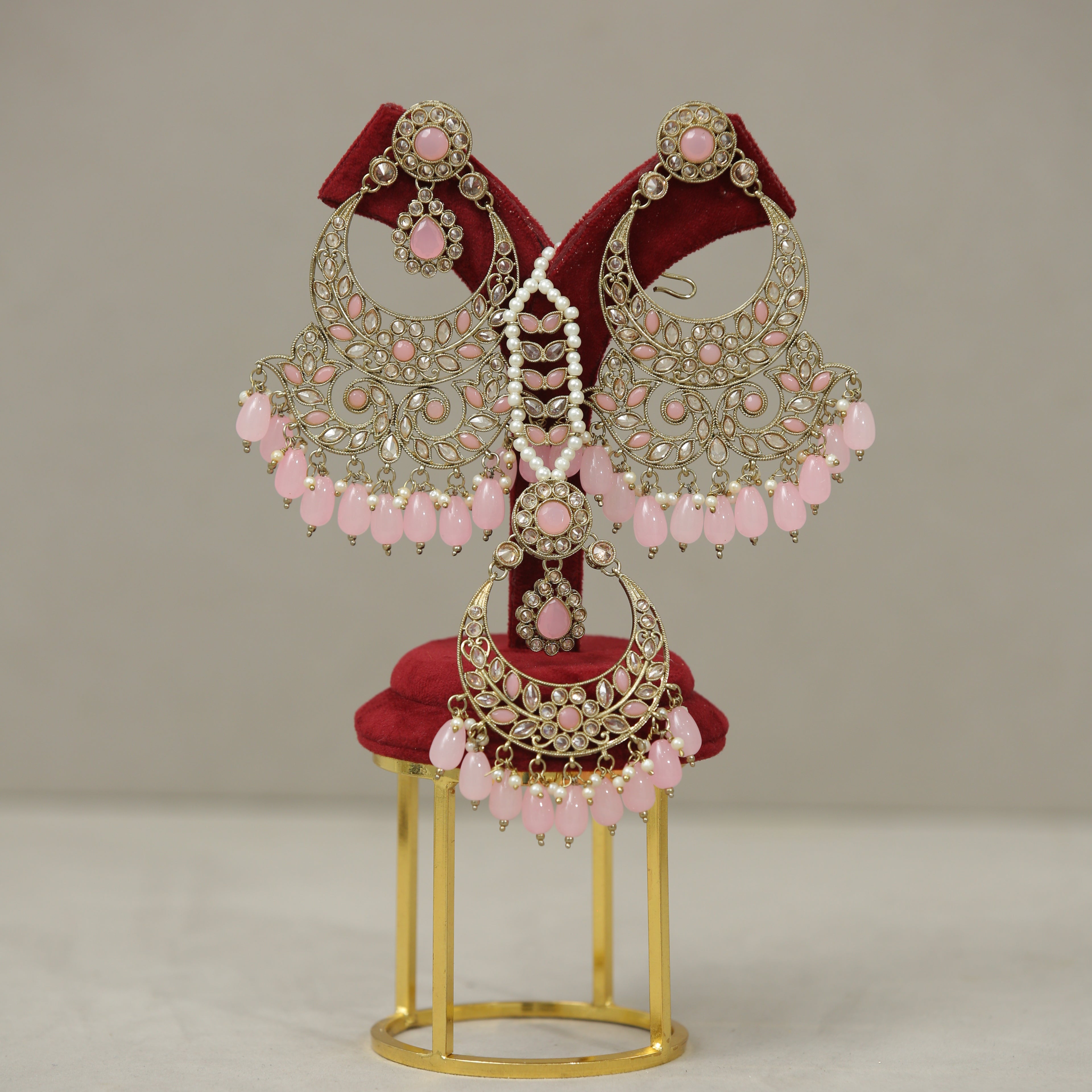 Eva Polki Earrings With Tikka - Traditional Indian Jewelry for Women - Handmade Kundan Bridal Earrings for Weddings, Parties & Festivals