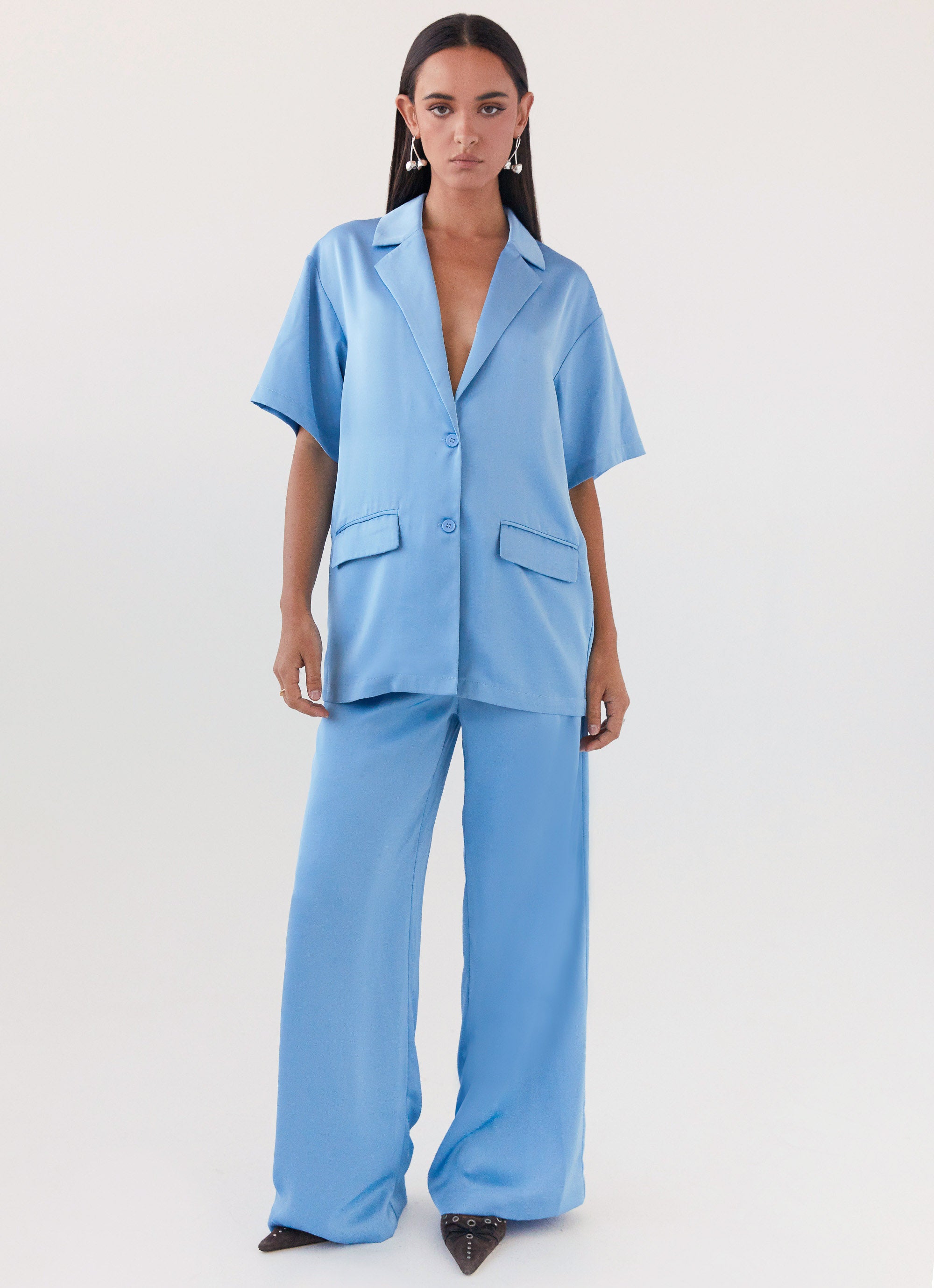 Premium Brinkley Satin Pants for Women - Soft & Comfortable High Waisted Lounge Pants in Elegant Blue | Perfect for Yoga, Sleepwear & Casual Wear