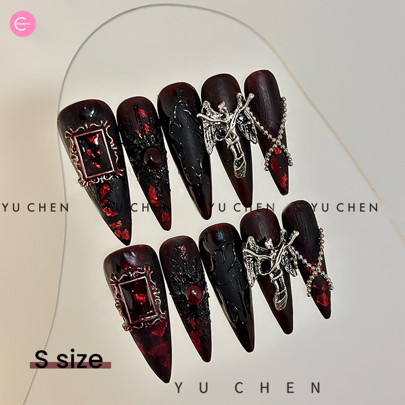 YUCHEN Blood Angel Gothic Opulence Nail Set - Elegant Gothic Press On Nails for Women, Halloween & Cosplay - Perfect for Parties, Costume Events & Dark Fashion Looks