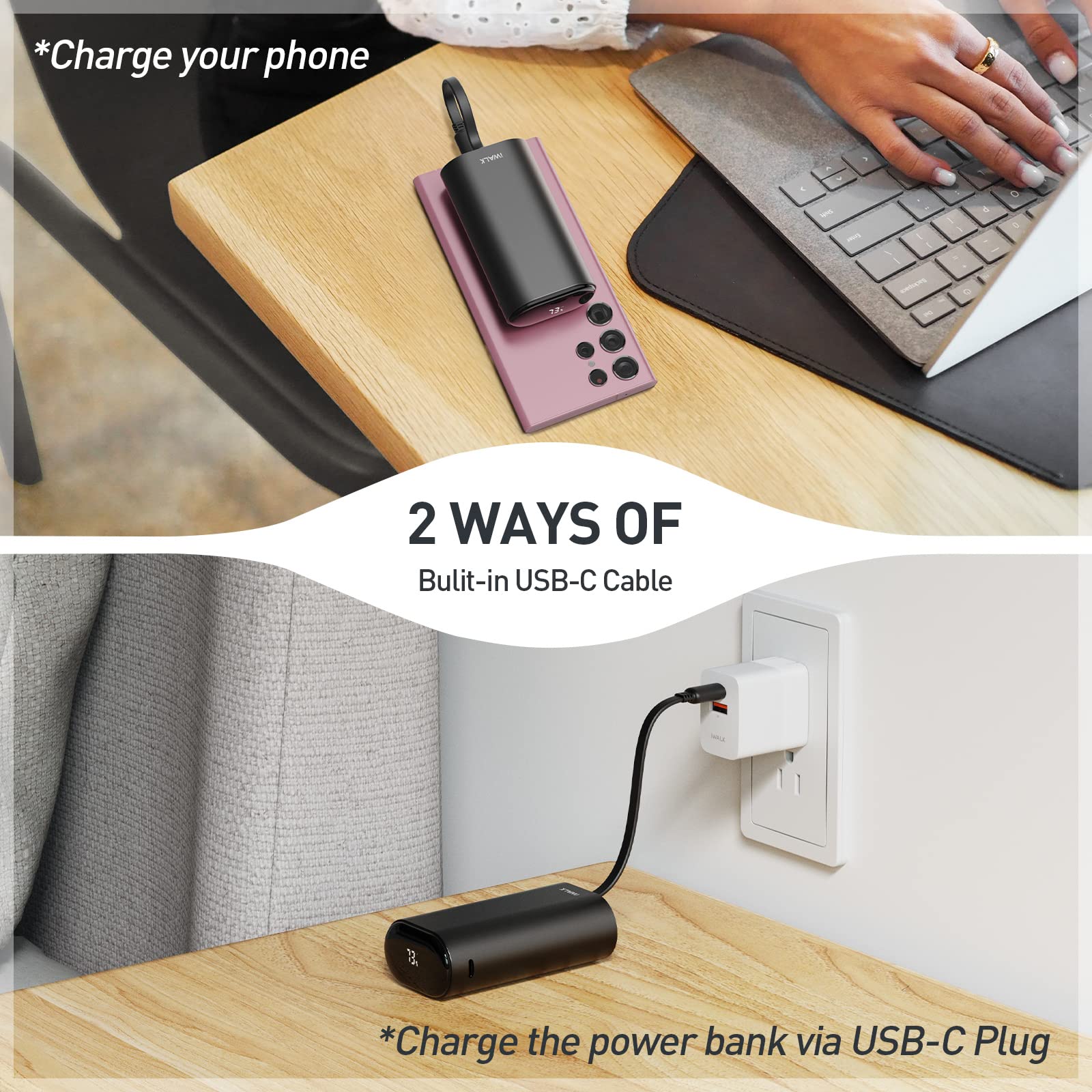 iWALK 9600mAh Portable Charger with 18W PD Fast Charging | Built-in USB-C Cable & LED Display | Power Bank for iPhone 15, Samsung S23/S22, Google Pixel 7 | Perfect for Travel, Camping & Emergency Charging