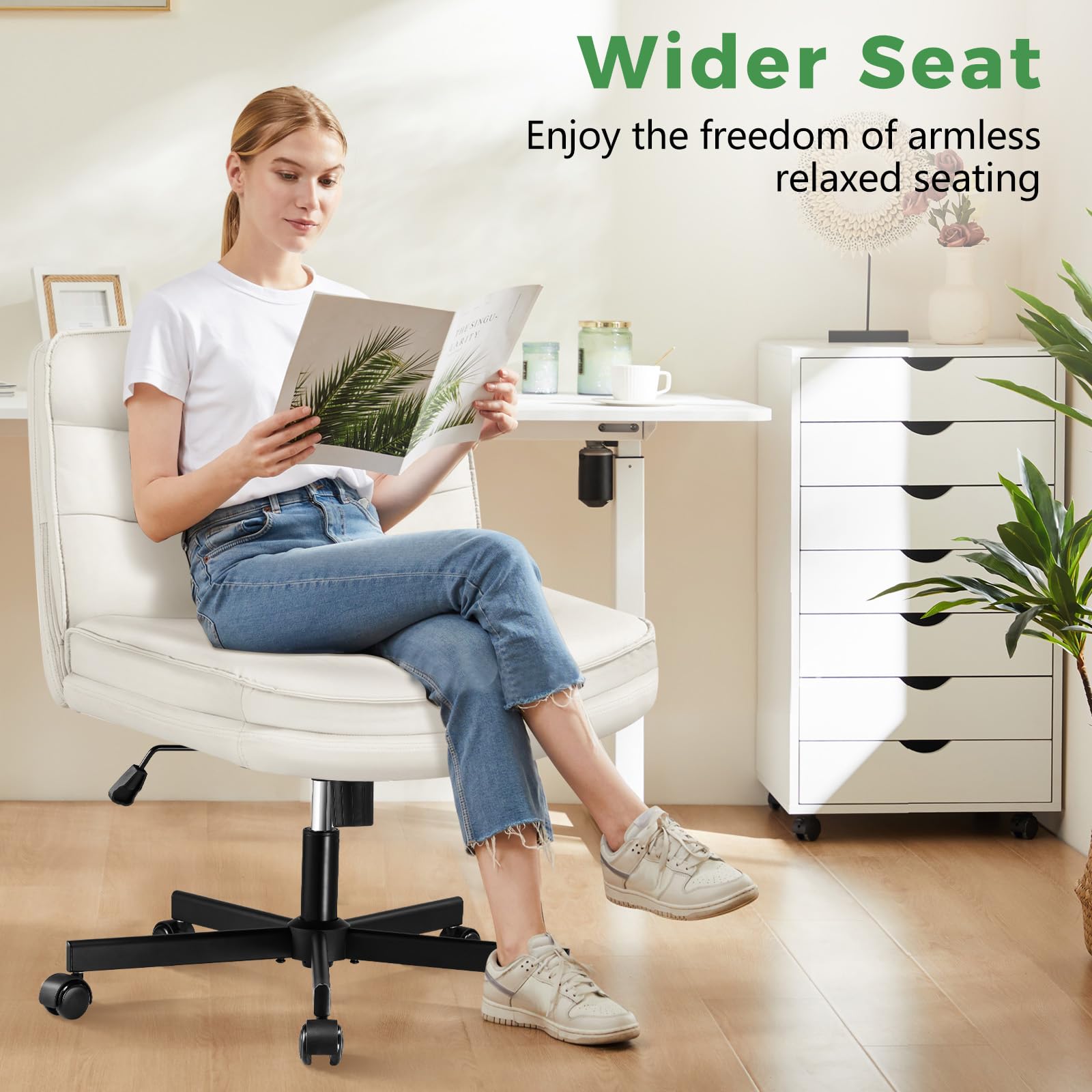GTRACING Criss Cross Chair with Wheels - Adjustable Ergonomic Office Chair for Cross Legged Sitting, Large Seat & Back Support, PU Leather, Height Adjustable (Beige) - Perfect for Home Office, Gaming, Vanity Makeup & Meditation