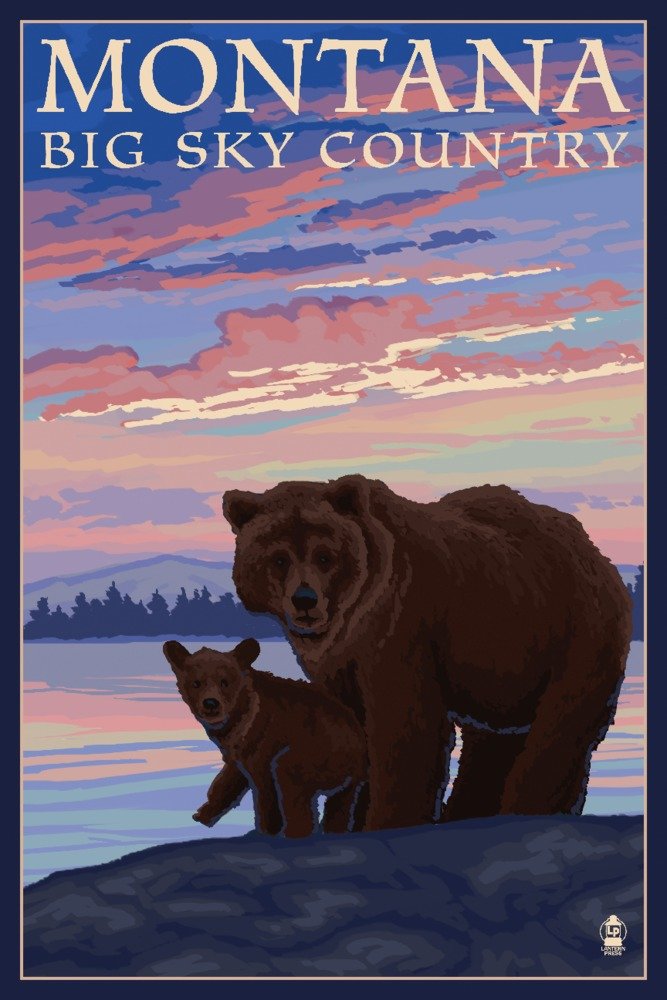 Montana Big Sky Country Bear and Cub 29277 - 24x36 Signed Art Print, Wildlife Wall Decor Poster for Living Room, Office & Cabin Decor