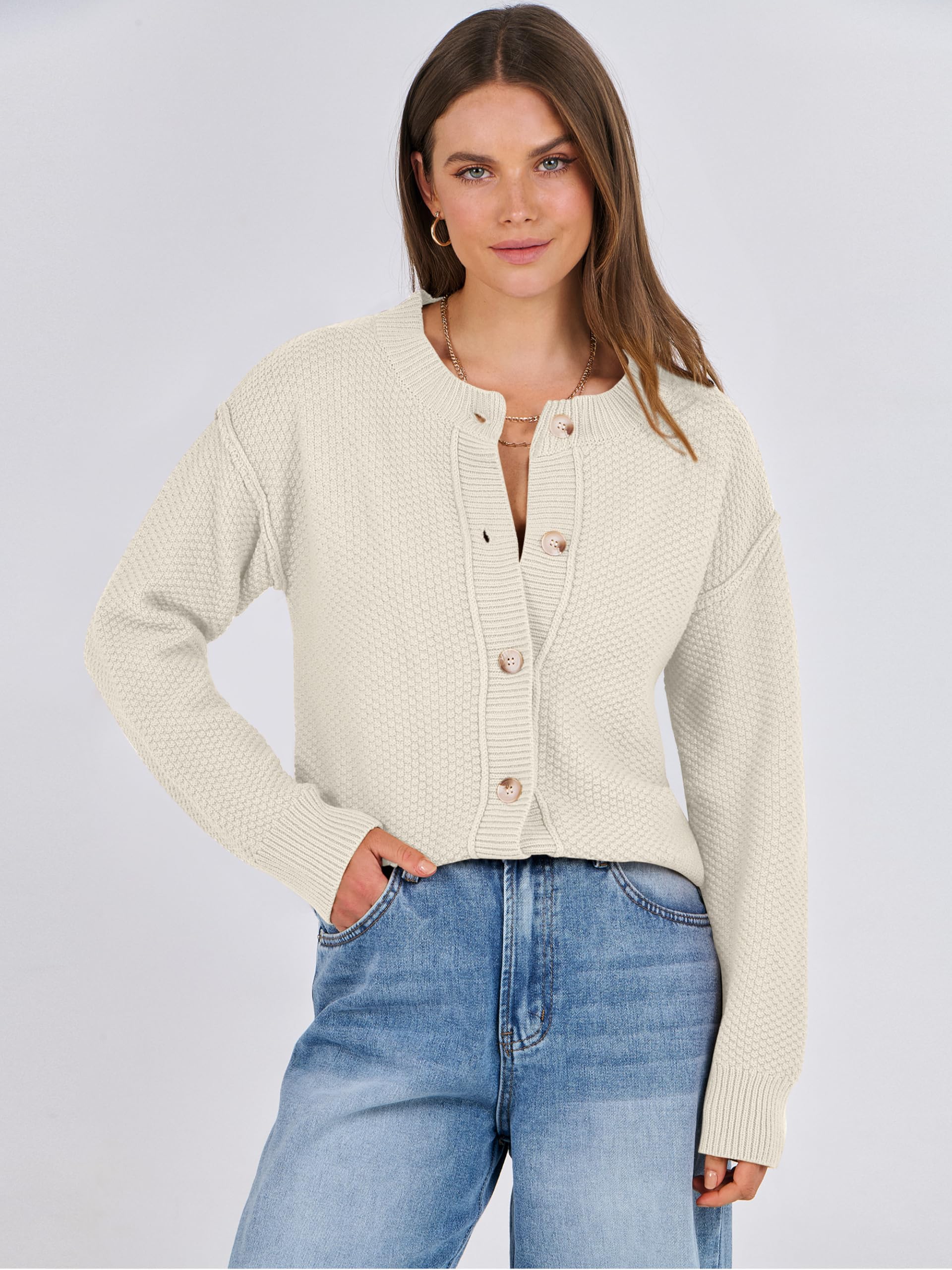 ANRABESS Women's Lightweight Cropped Cardigan Sweater - 2024 Fall Winter Knit Waffle Button Up Jacket Coat for Women | Casual Office Wear, Layering Piece, Cold Weather Fashion