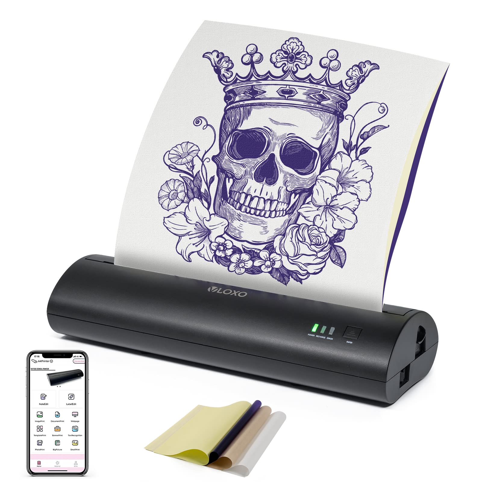 VLOXO Wireless Tattoo Stencil Printer - Portable Rechargeable Thermal Transfer Copier for Tattoo Artists, Works with iOS & Android Smartphones, Includes 10 Tattoo Stencil Papers - Perfect for Tattoo Studios, Home Use & Professional Tattoo Design Transfer