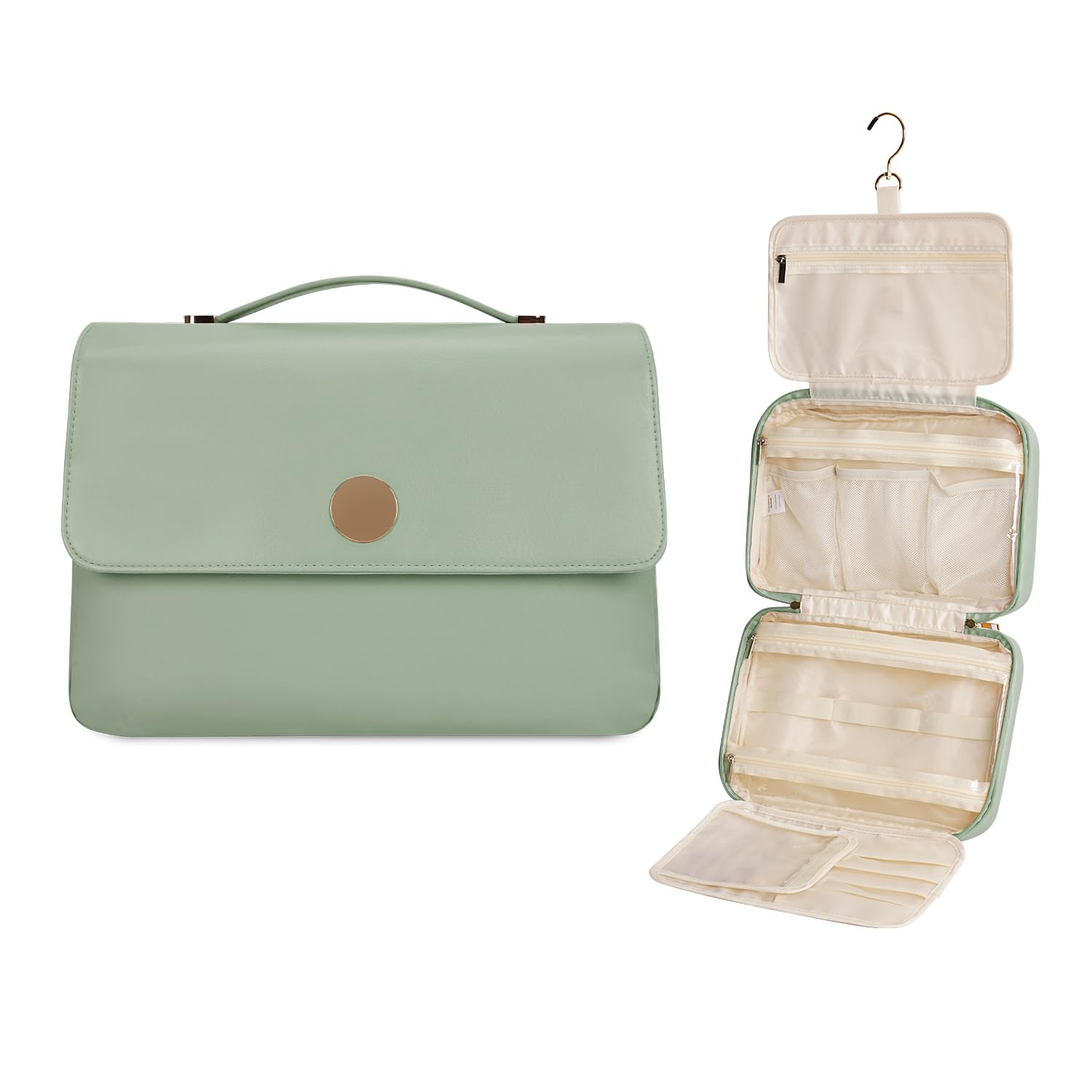 Wandering Nature Hanging Travel Toiletry Bag for Women - Waterproof PU Leather Makeup Organizer with 4 Compartments for Full-Sized Cosmetics (Green) | Perfect for Travel, Gym, Camping & Daily Use