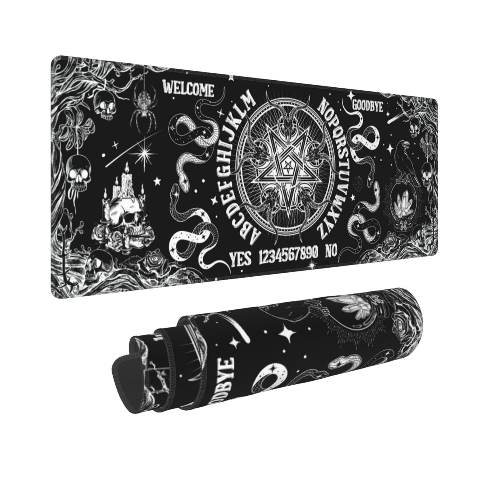 Black and White Witch Themed Gaming Mouse Pad - Extra Large Non-Slip Rubber Base with Stitched Edges (31.5