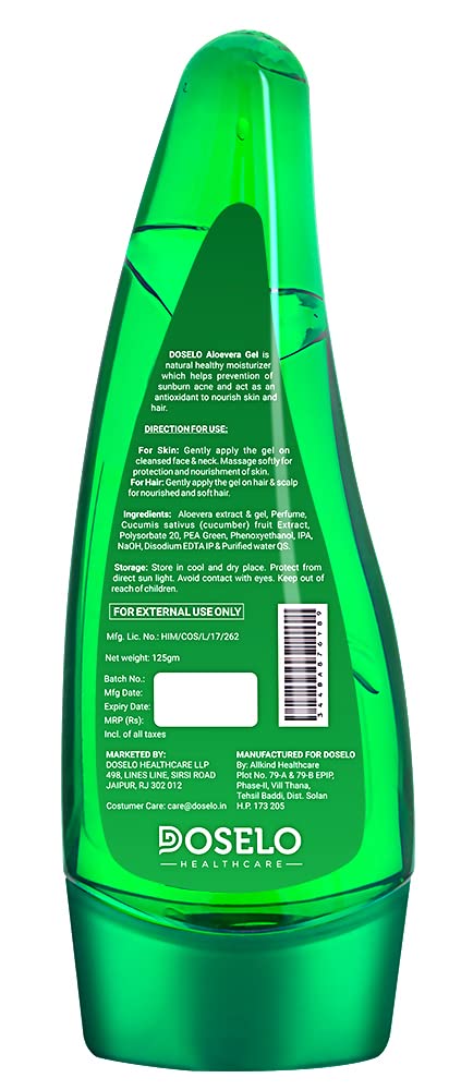 DOSELO Pure Aloe Vera Gel for Face, Skin & Hair Care - 125ml | Natural Moisturizer for Glowing Skin | Men & Women | Perfect for Sunburn Relief, After-Sun Care & Daily Hydration