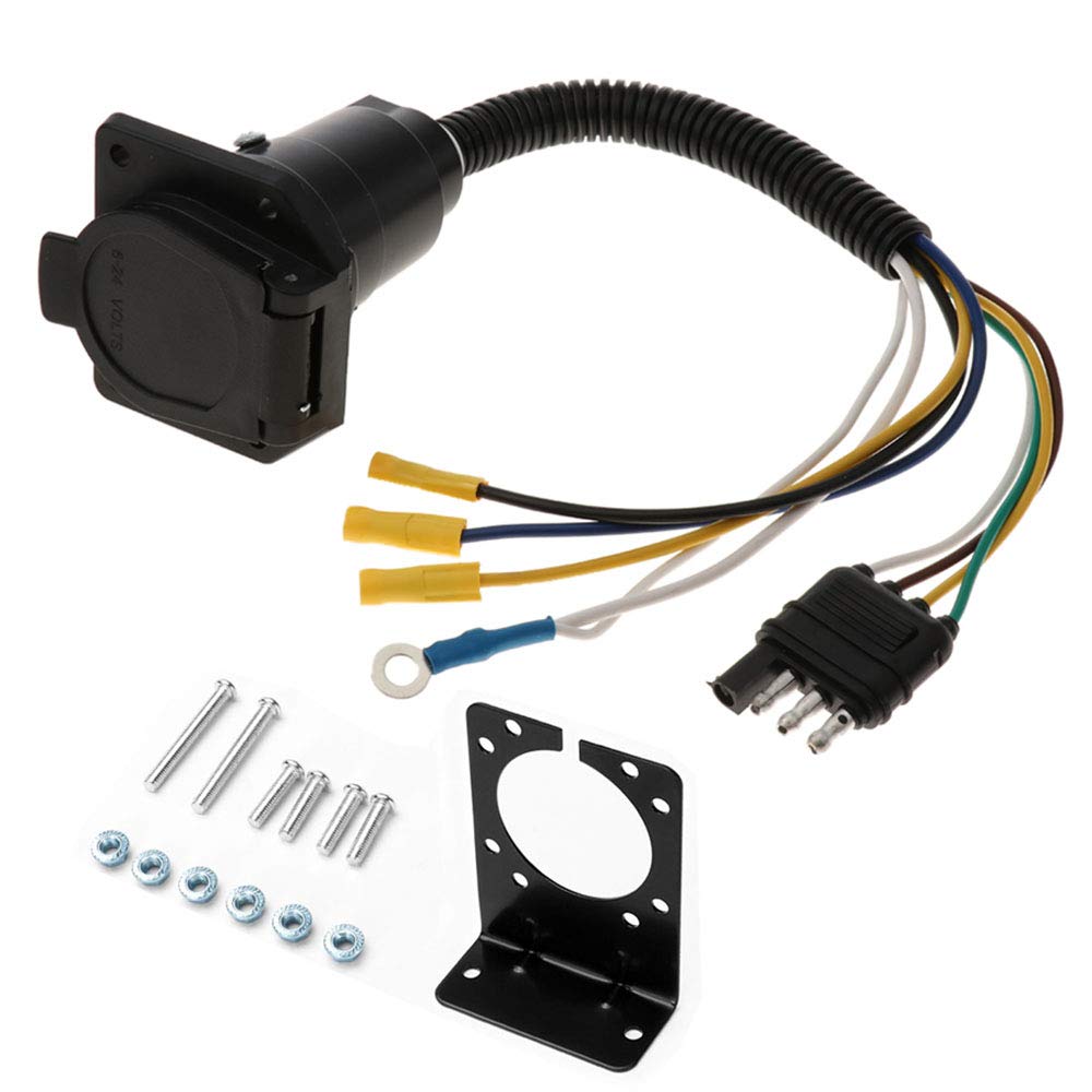 4 Wire Flat to 7 Way RV Trailer Light Plug Wire Harness Converter Adapter - Compatible with Car, Truck & Trailer Hitch - Includes Connector Socket & Mounting Bracket by LIYYOO - Perfect for Towing, Camping & RV Electrical Connections