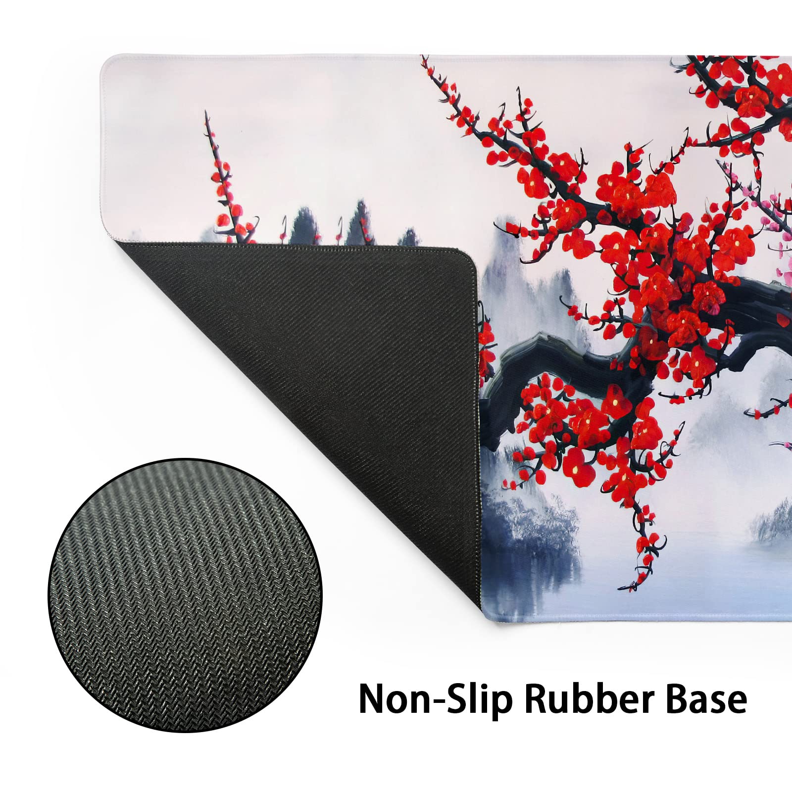 Japanese Cherry Blossom Watercolor Extended Mouse Pad - 90x40cm (35.4x15.7 Inch) Non-Slip Rubber Base Desk Mat with Stitched Edges for Gaming, Office & Home Use - Perfect for Keyboard, Laptop & Computer Workstations
