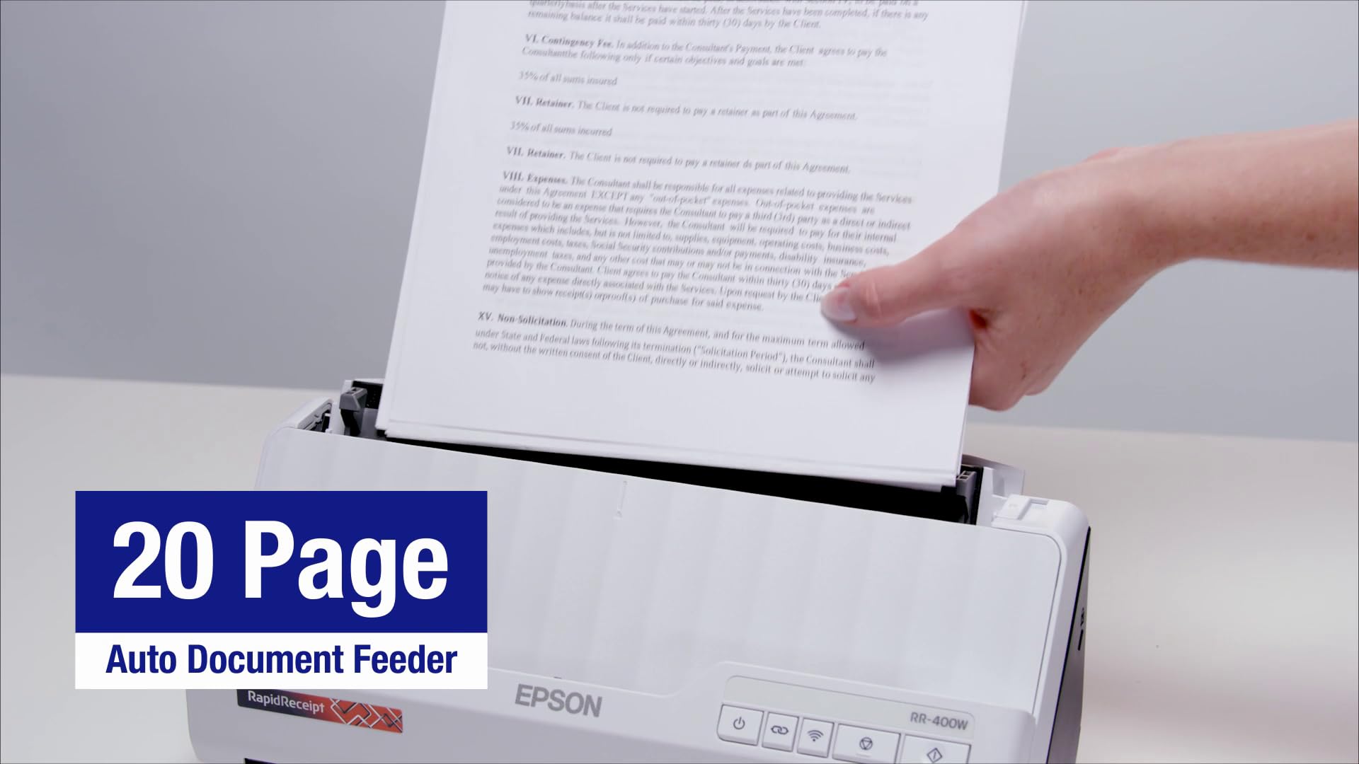 Epson RapidReceipt RR-400W Wireless Desktop Color Duplex Scanner with ScanSmart AI PRO, 20-Page ADF | Compact Receipt & Document Scanner for Home Office, Small Business Accounting | Scan Receipts, Invoices, Contracts to PDF with OCR Technology