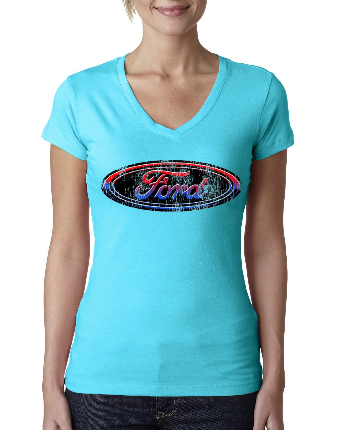 Ford Logo Women's Junior Fit V-Neck T-Shirt - Red, Blue & Black Colors - Perfect for Casual Wear, Car Enthusiasts & Ford Fans