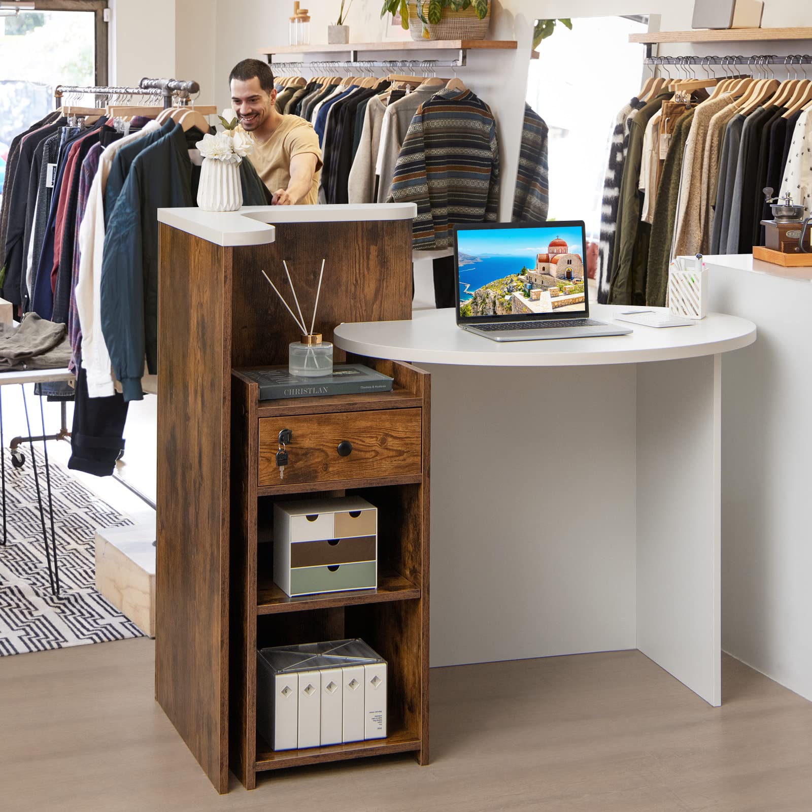 Tangkula Oval Reception Desk with Lockable Drawer & Adjustable Shelf - 60