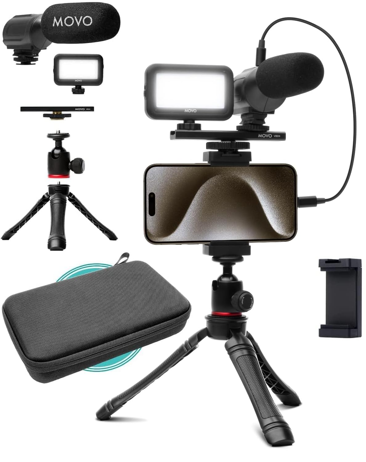 MOVO USB-C Vlogging Kit for iPhone 15/16 Pro - Complete Phone Video Accessories Set with Tripod, Mount, LED Light & Shotgun Mic - Perfect for YouTube Content Creation, TikTok Videos, Podcasting & Live Streaming