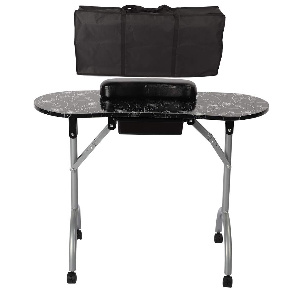 Professional Foldable Manicure Table for Home & Salon - Portable Nail Art Station with Black Silver Flower Design - Perfect for Nail Technicians, DIY Enthusiasts & Beauty Professionals