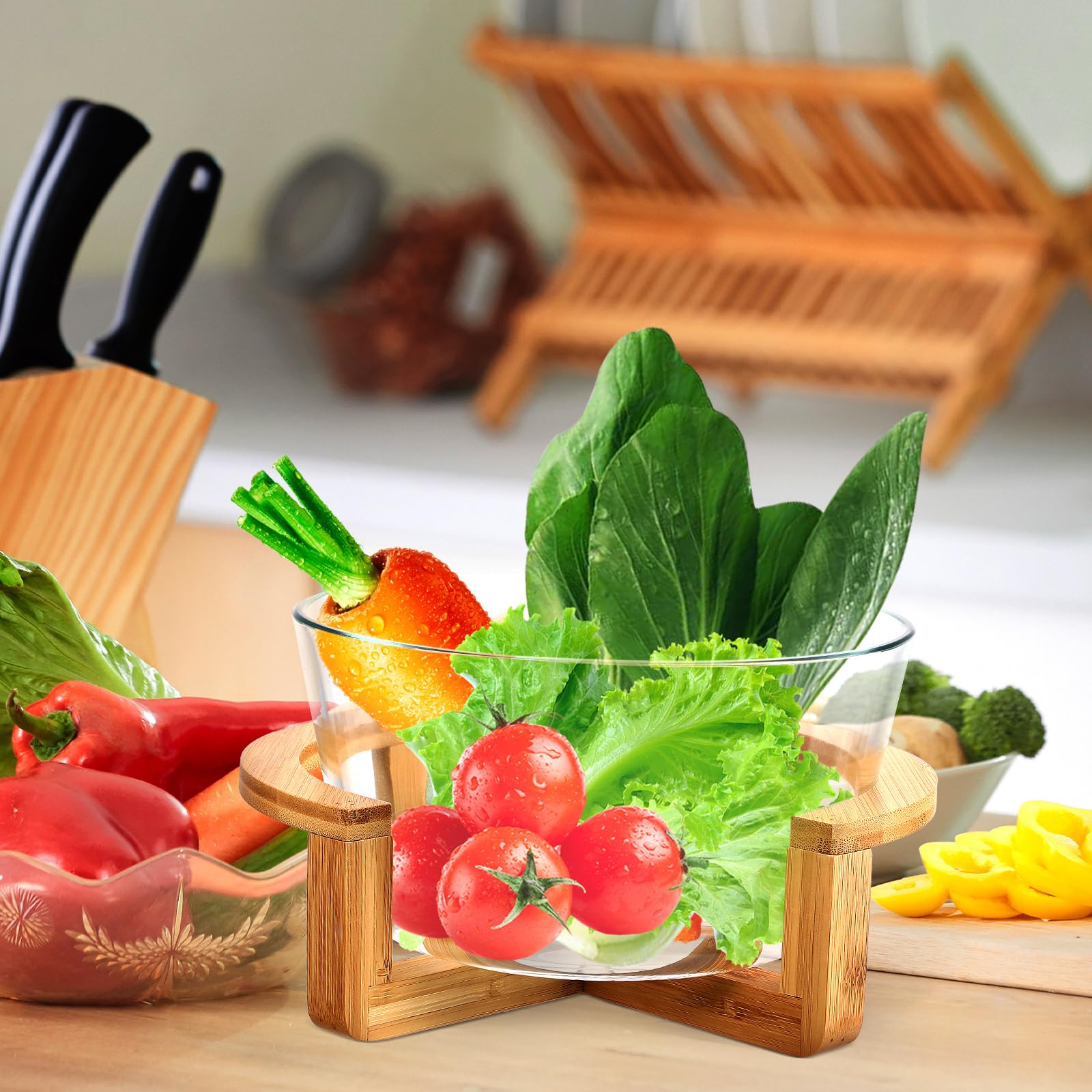 HEMOTON 2500ml Glass Salad Bowl with Wood Stand - Kitchen & Party Serving