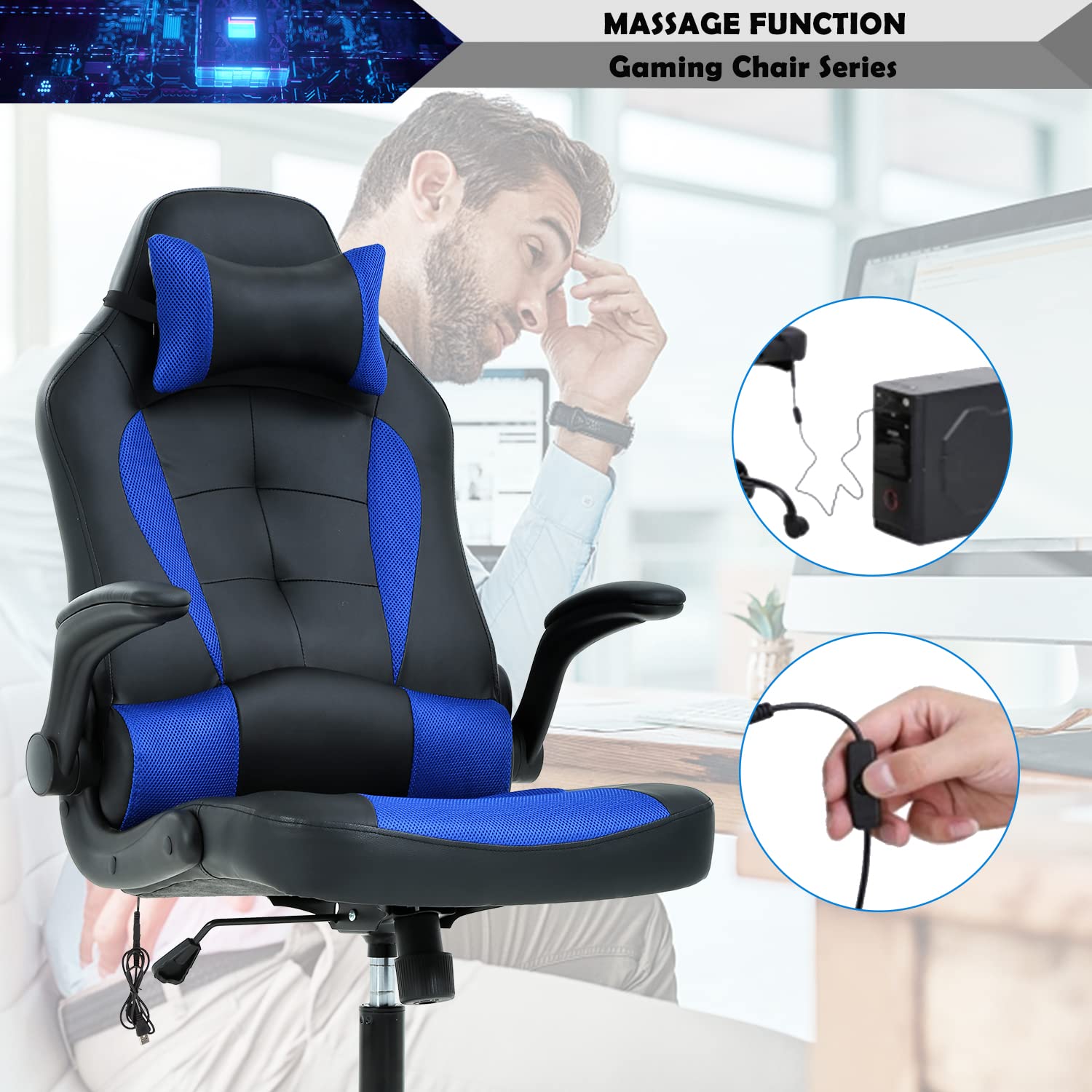 Ergonomic Racing Gaming Chair for Adults - High Back PU Leather Computer Desk Chair with Thickened Lumbar Support & Adjustable Flip-Up Arms - Perfect for Home Office, Gaming Setup & Workstation Use