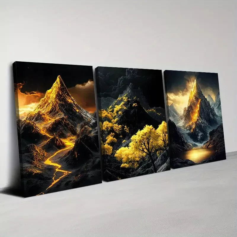 3-Piece Modern Abstract Golden Mountains with Tree Wall Art Set - Framed Canvas 40x60cm (16x24in) - High Quality Print - 100% Australian Made - Ready to Hang - Perfect for Living Room, Bedroom & Office Decor